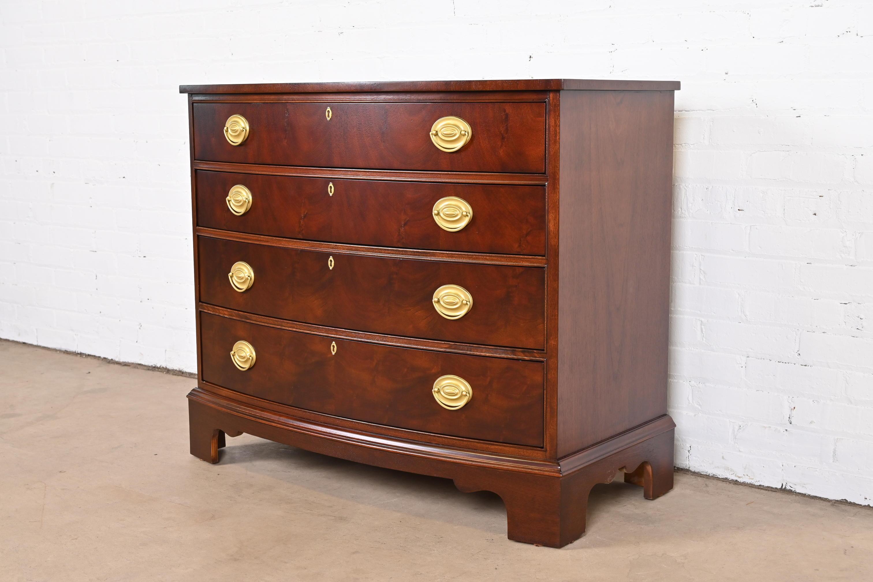 American Ethan Allen Georgian Flame Mahogany Bow Front Chest of Drawers, Newly Refinished