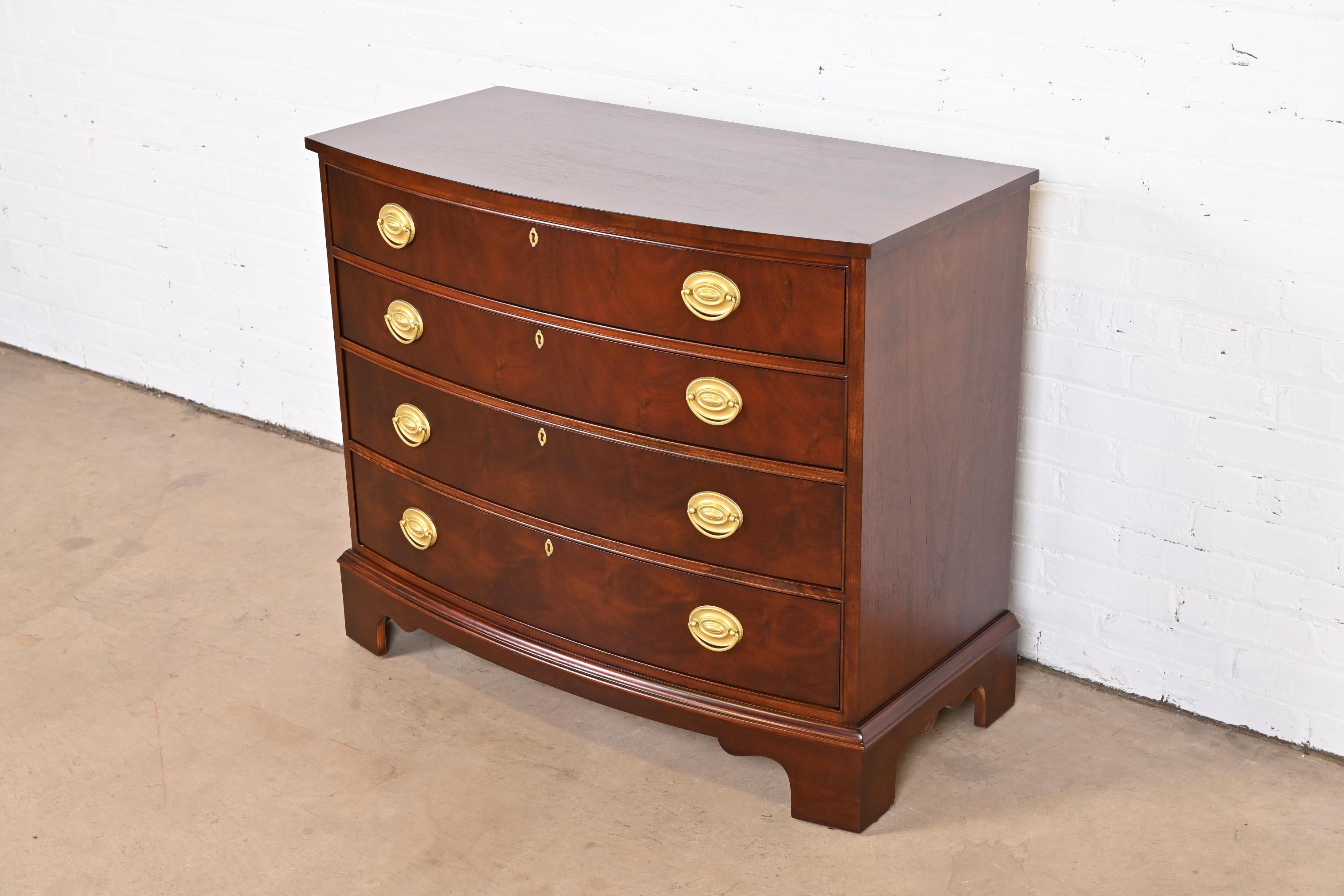 Ethan Allen Georgian Flame Mahogany Bow Front Chest of Drawers, Newly Refinished In Good Condition In South Bend, IN