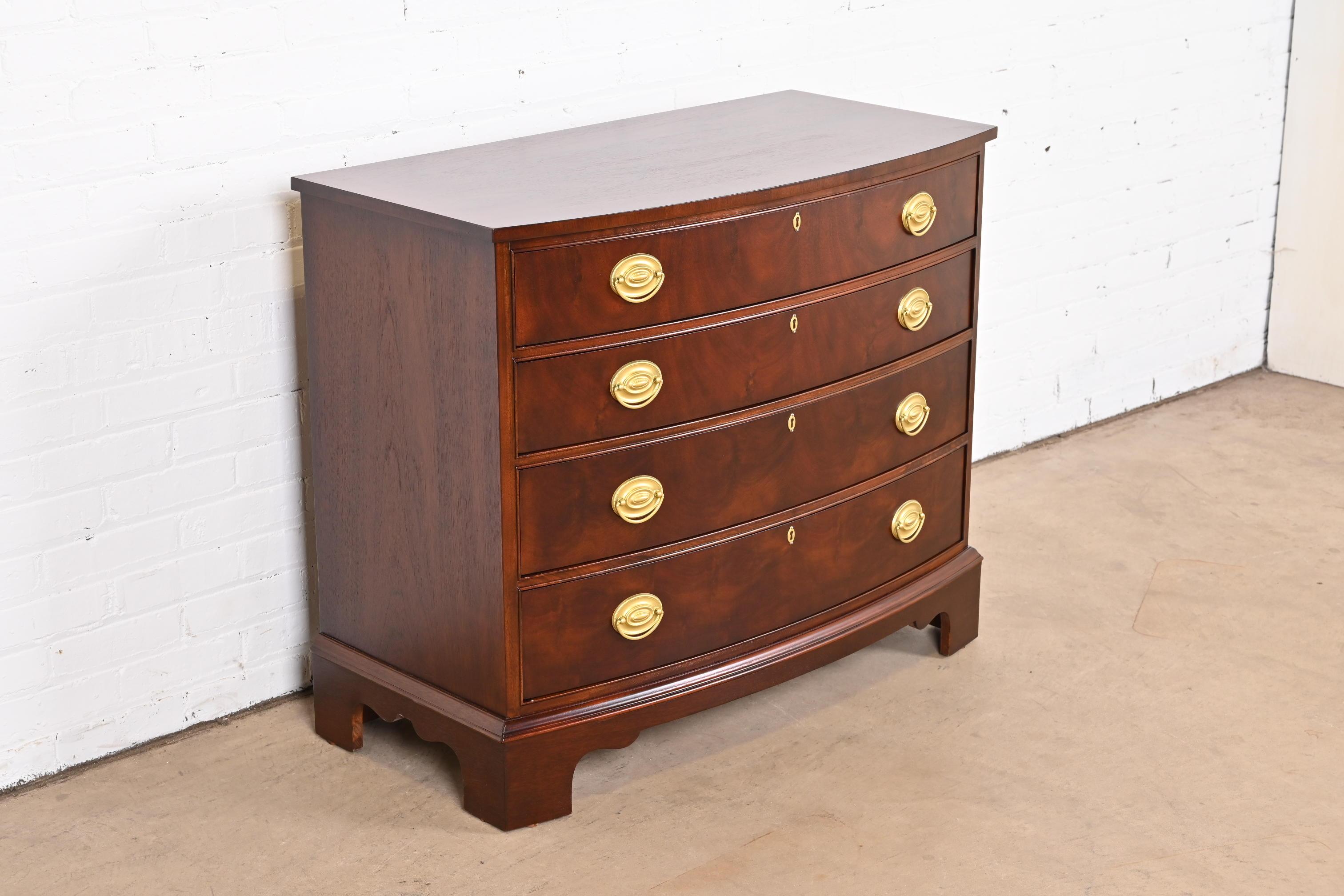 20th Century Ethan Allen Georgian Flame Mahogany Bow Front Chest of Drawers, Newly Refinished