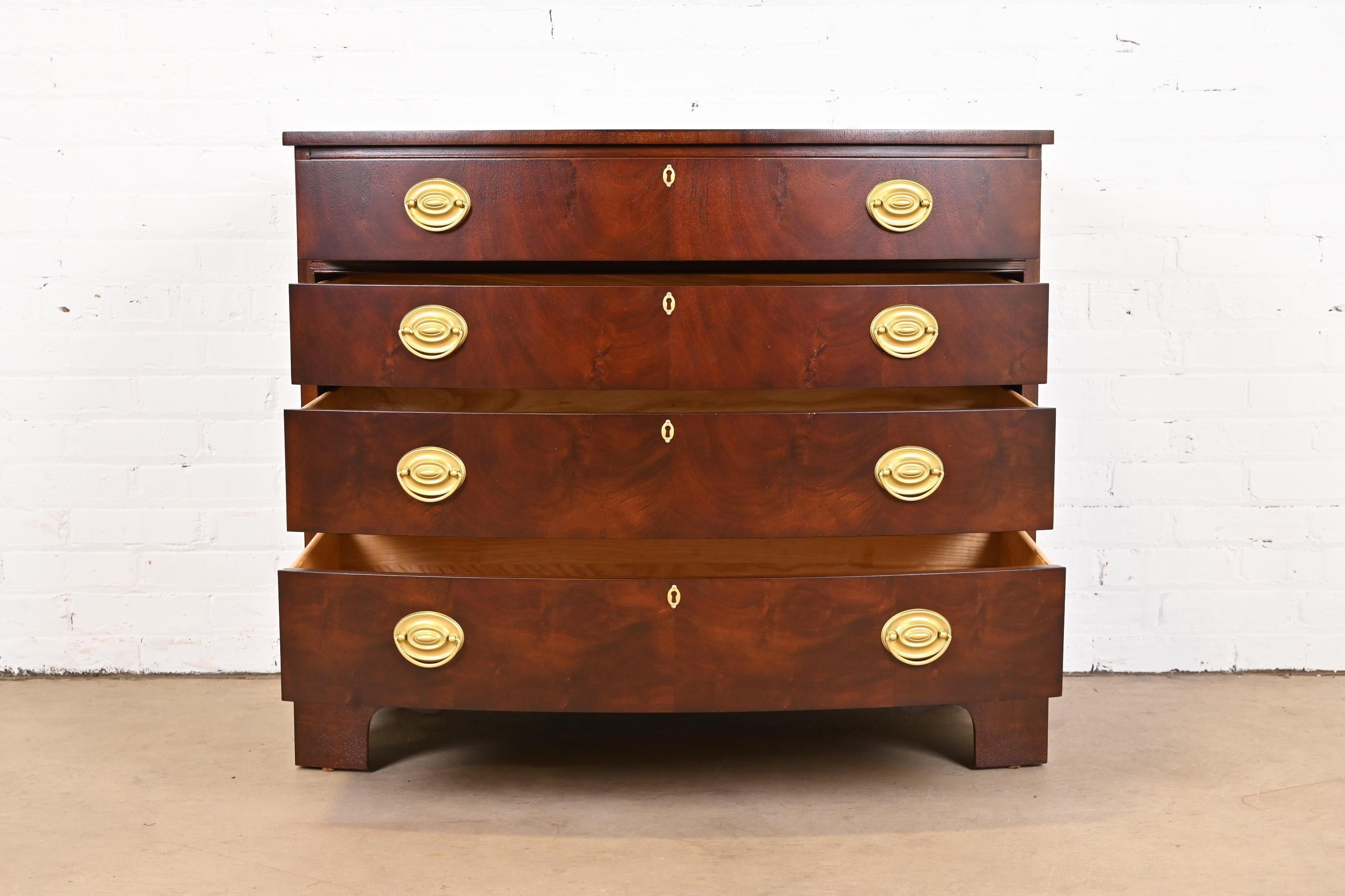 Brass Ethan Allen Georgian Flame Mahogany Bow Front Chest of Drawers, Newly Refinished