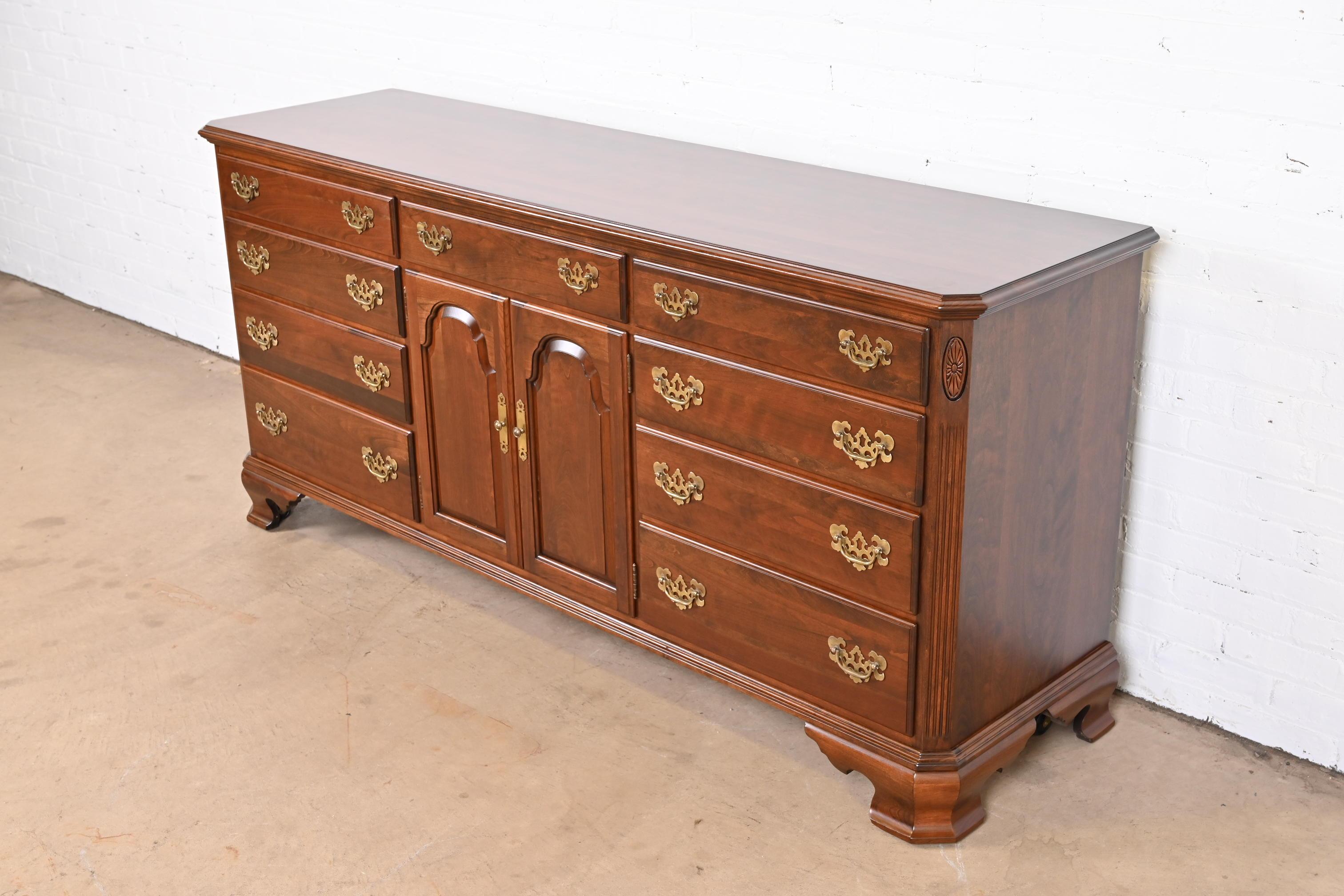 20th Century Ethan Allen Georgian Solid Cherry Wood Long Dresser, Newly Refinished