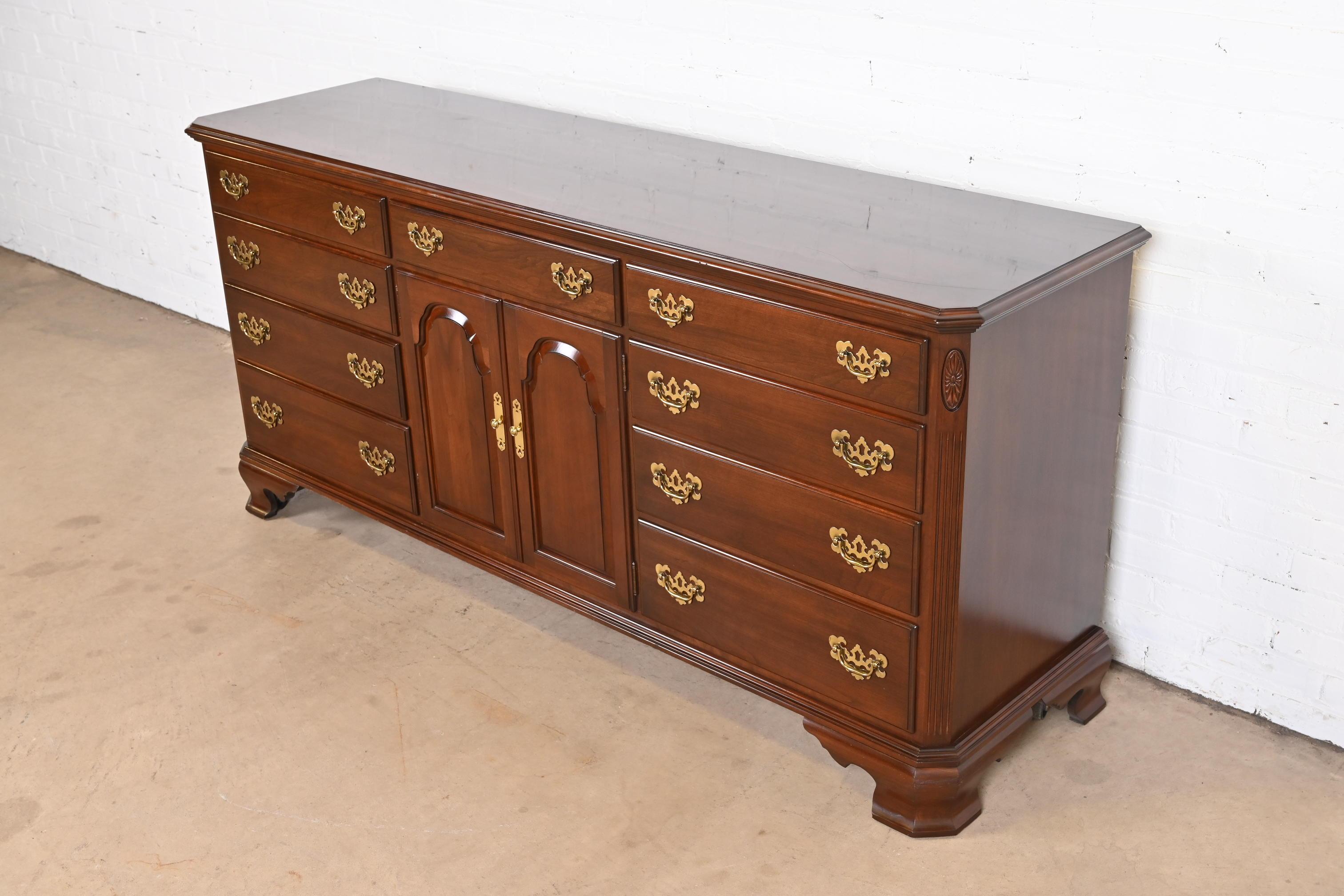 Late 20th Century Ethan Allen Georgian Solid Cherry Wood Long Dresser or Credenza