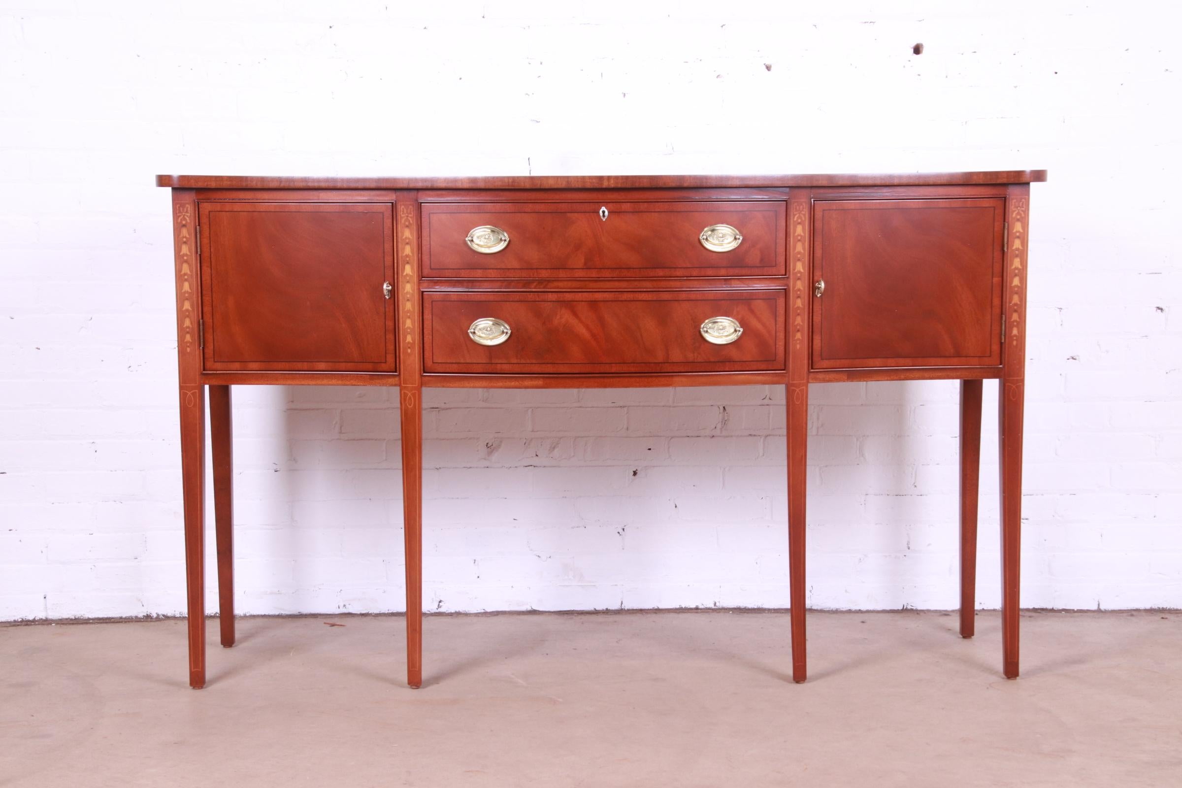 American Ethan Allen Hepplewhite Inlaid Mahogany Serpentine Sideboard, Newly Restored