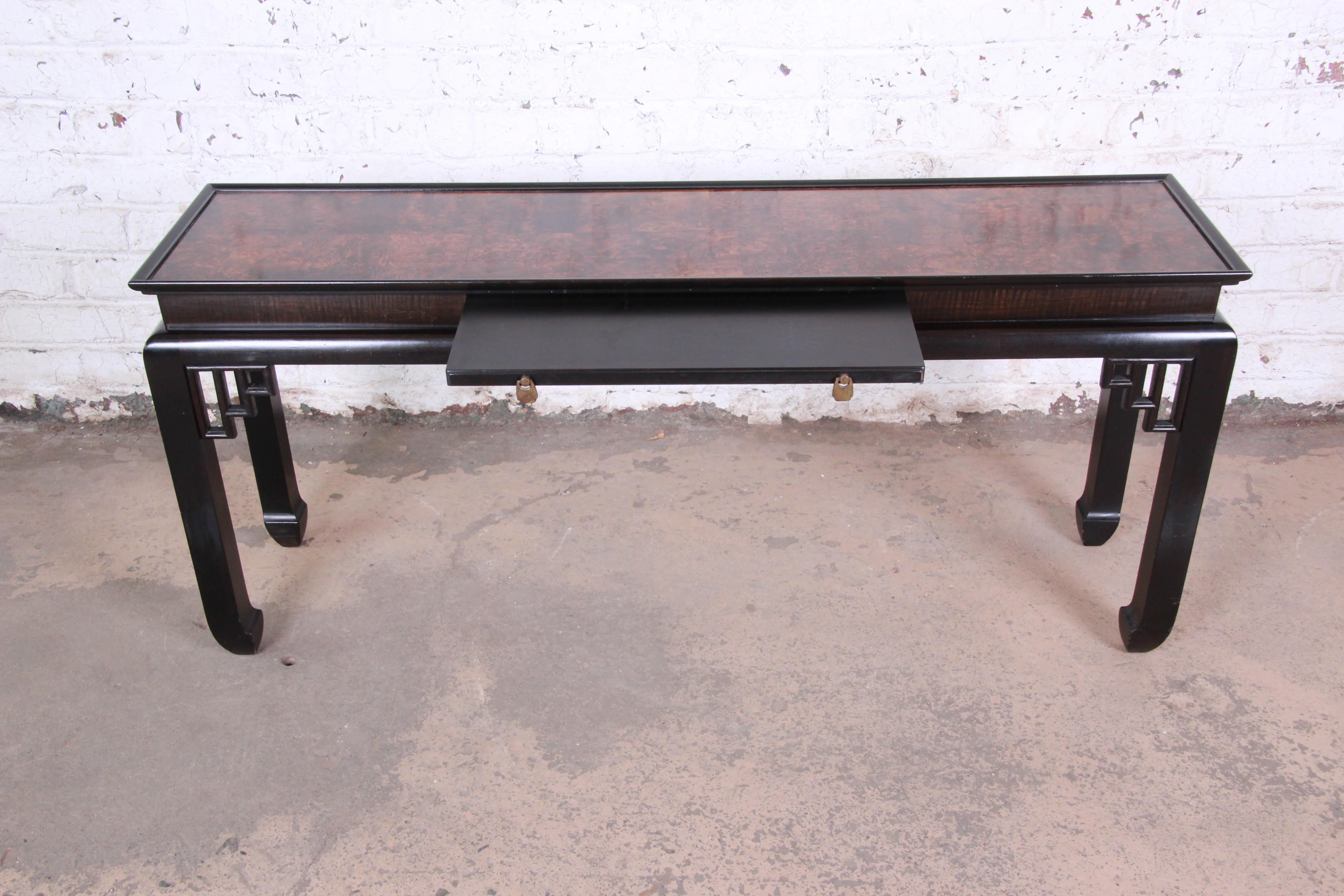 American Ethan Allen Hollywood Regency Chinoiserie Burl Wood Console Table