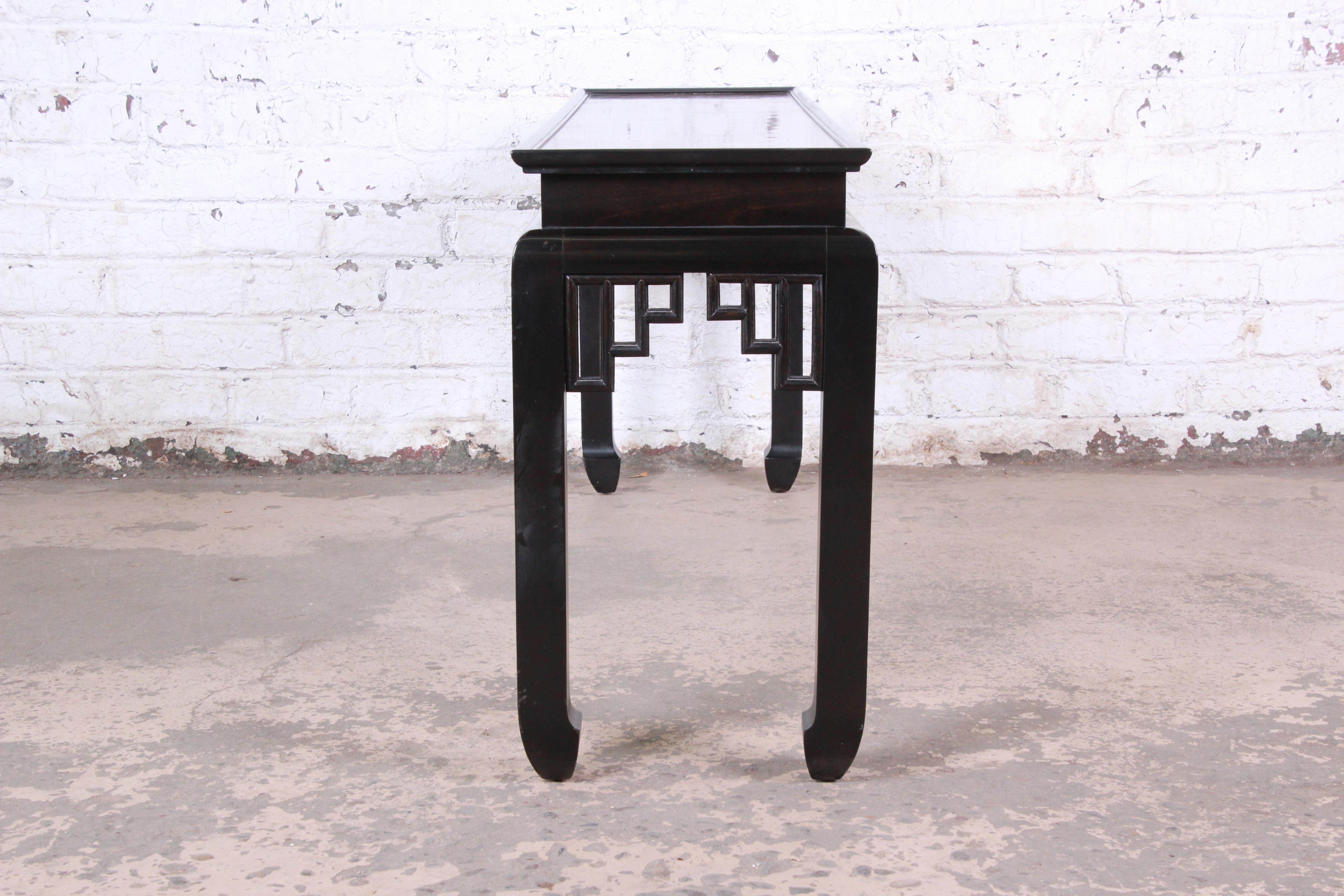 Brass Ethan Allen Hollywood Regency Chinoiserie Burl Wood Console Table