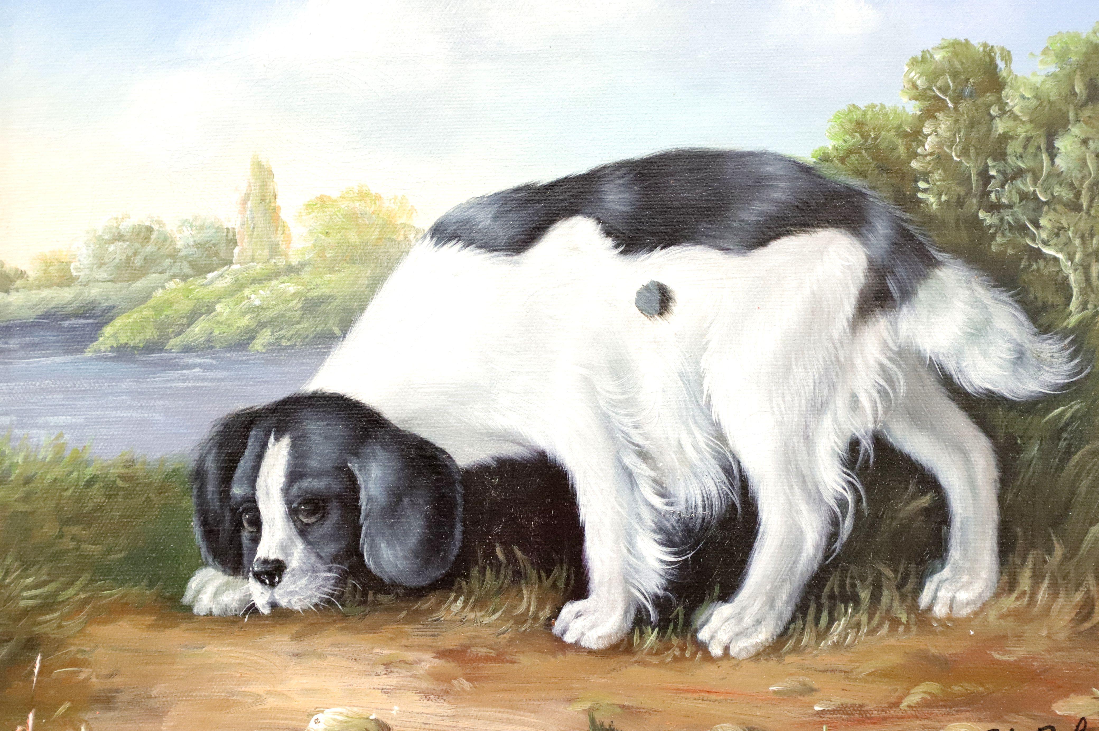 A late 20th century oil on canvas painting, from the Ethan Allen Home Collection. Untitled, (Spaniel Dog). Signed 