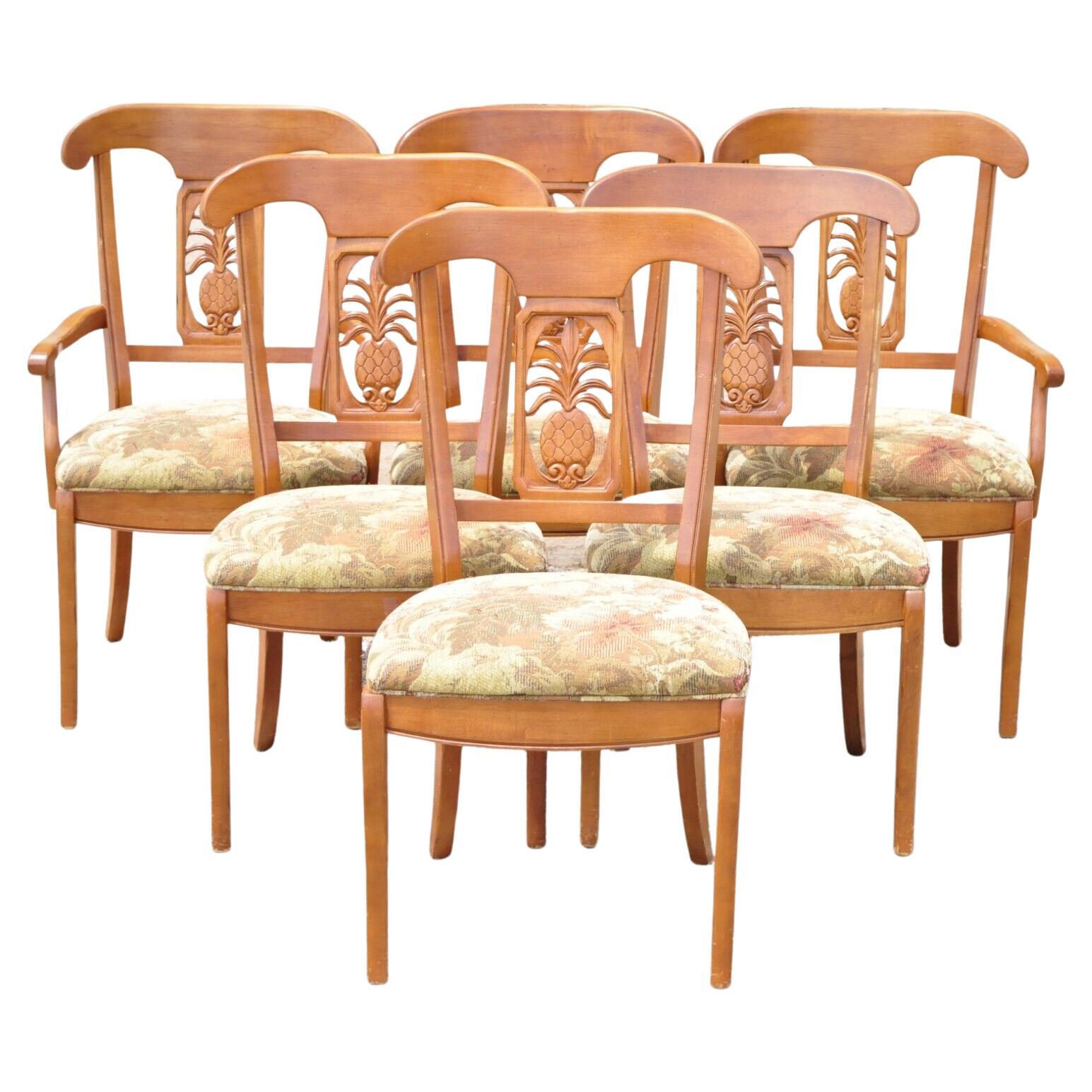 Ethan Allen Legacy Carved Pineapple Maple Wood Dining Chairs Set of 6