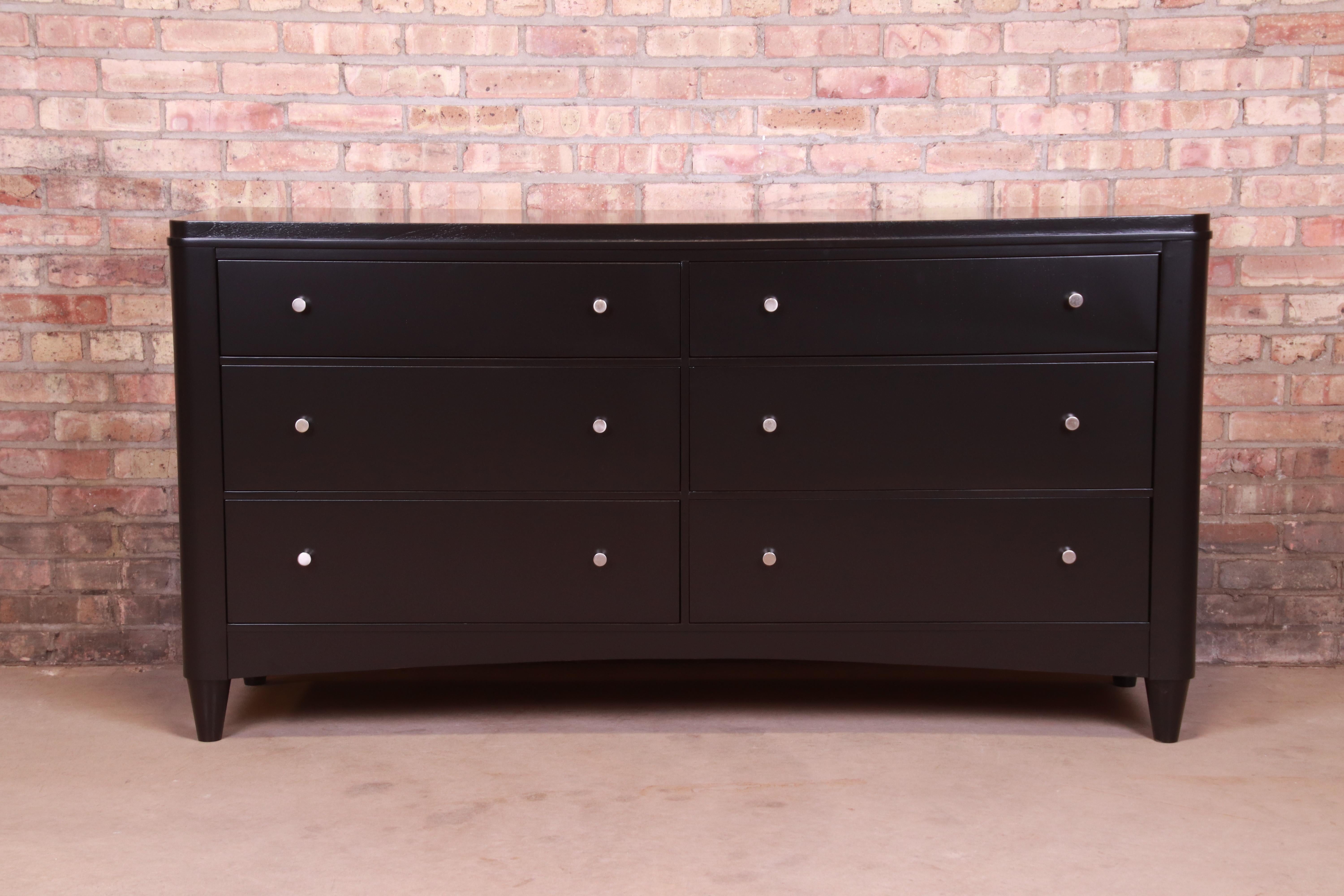 American Ethan Allen Modern Black Lacquered Six-Drawer Dresser or Credenza, Refinished