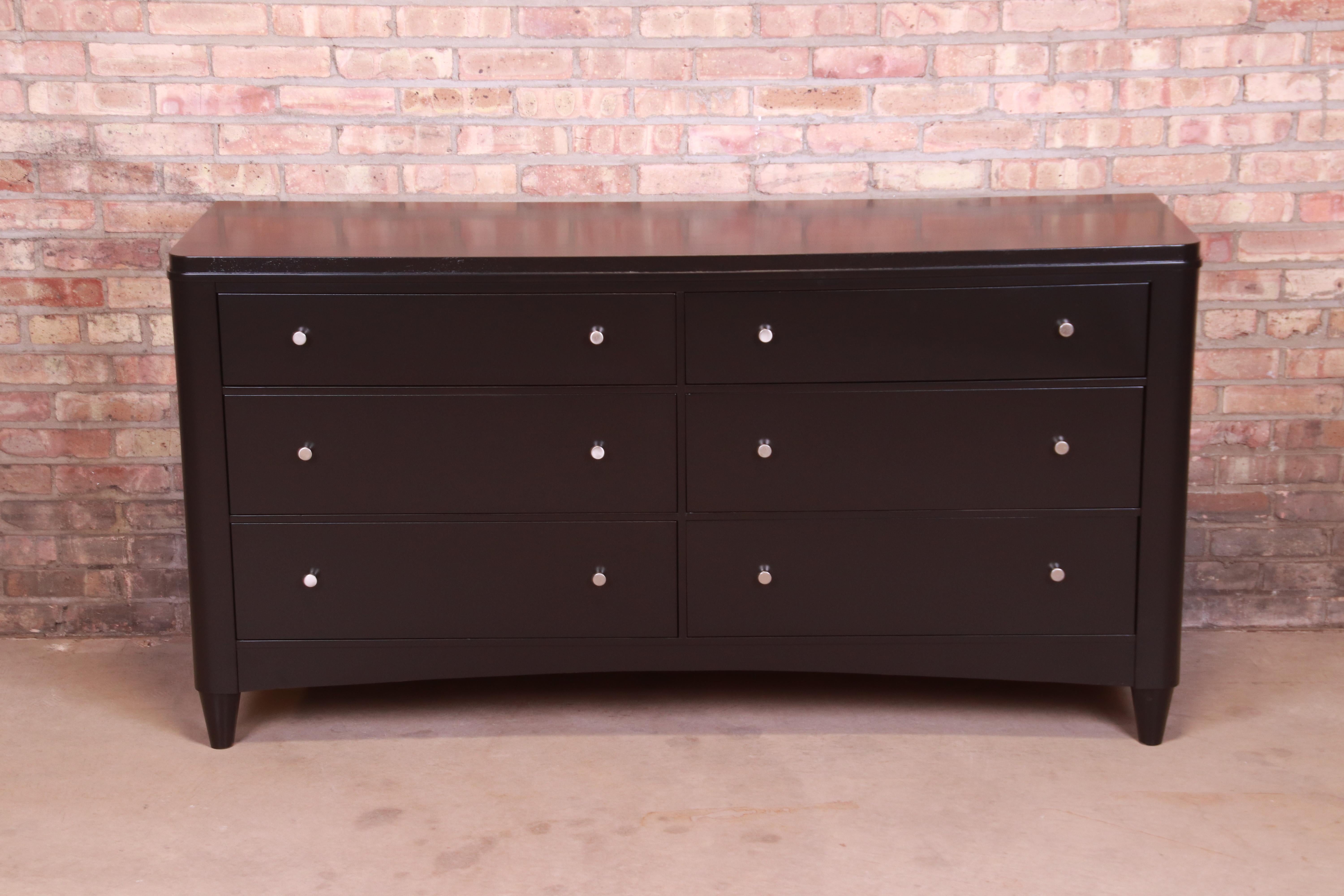 Ethan Allen Modern Black Lacquered Six-Drawer Dresser or Credenza, Refinished In Good Condition In South Bend, IN