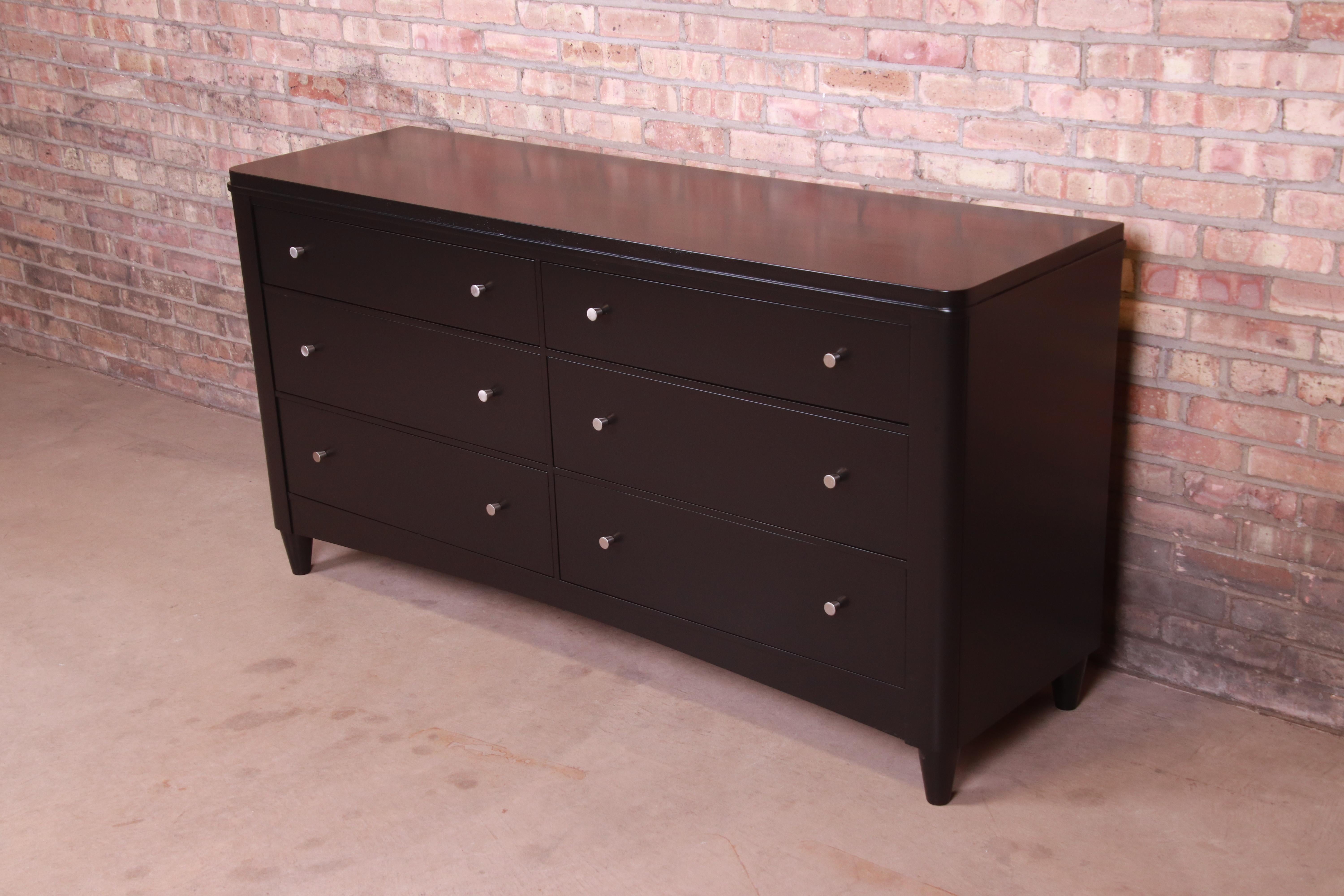 20th Century Ethan Allen Modern Black Lacquered Six-Drawer Dresser or Credenza, Refinished