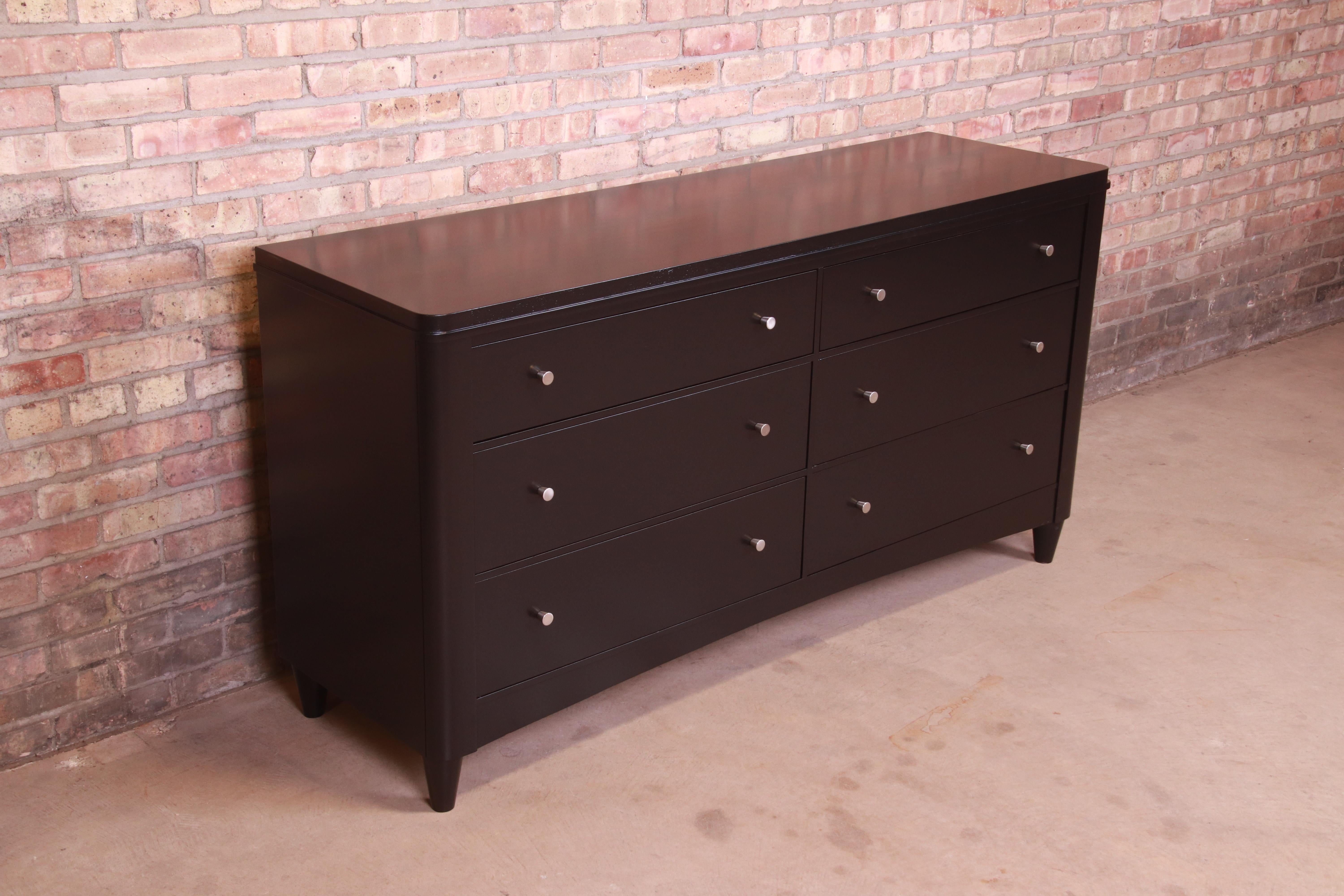 Maple Ethan Allen Modern Black Lacquered Six-Drawer Dresser or Credenza, Refinished