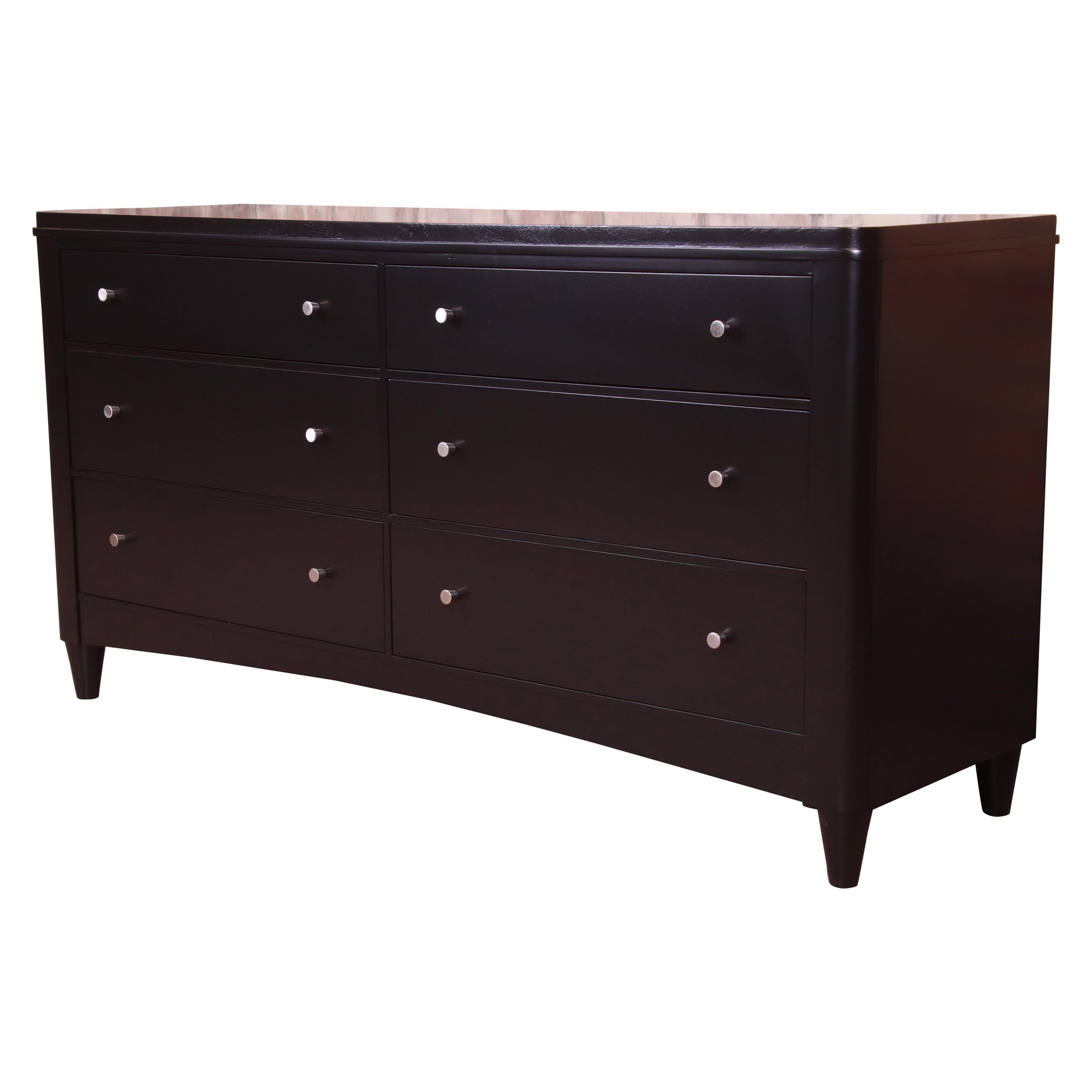 Ethan Allen Modern Black Lacquered Six-Drawer Dresser or Credenza, Refinished