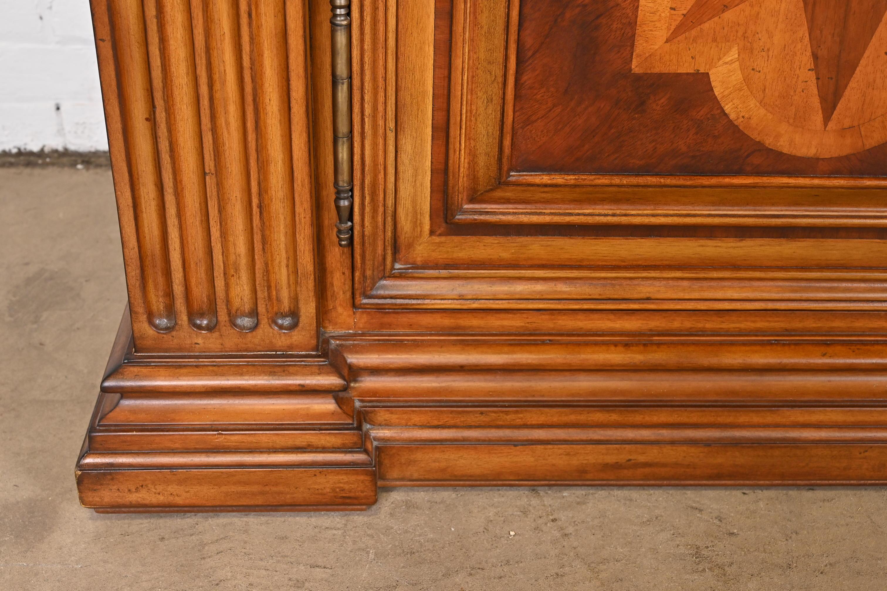 Brass Ethan Allen Neoclassical Walnut Inlaid Marquetry Sideboard or Bar Cabinet