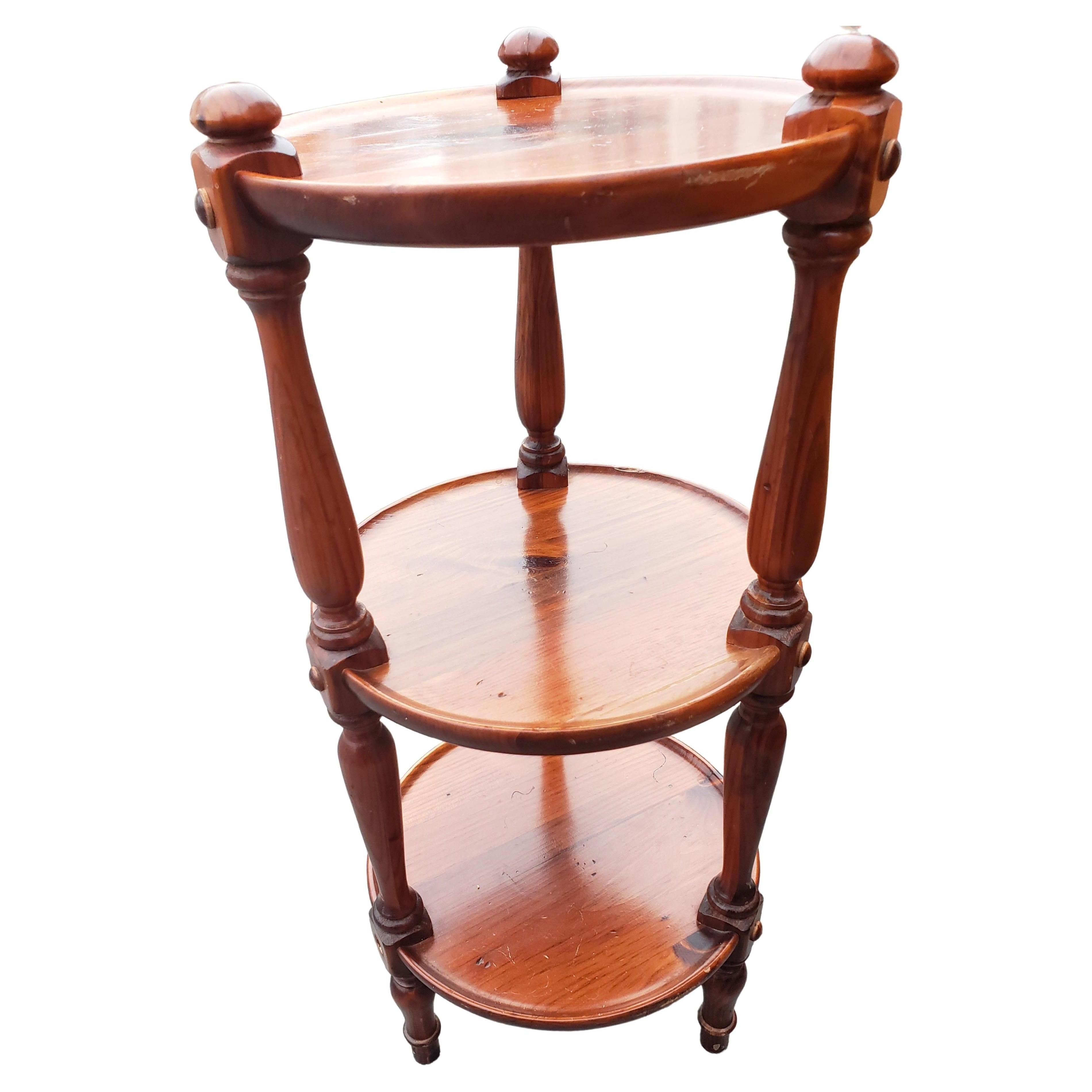 American Classical Ethan Allen Old Tavern Collection Pine 3 Tier Plant Stand Table, Circa 1970s