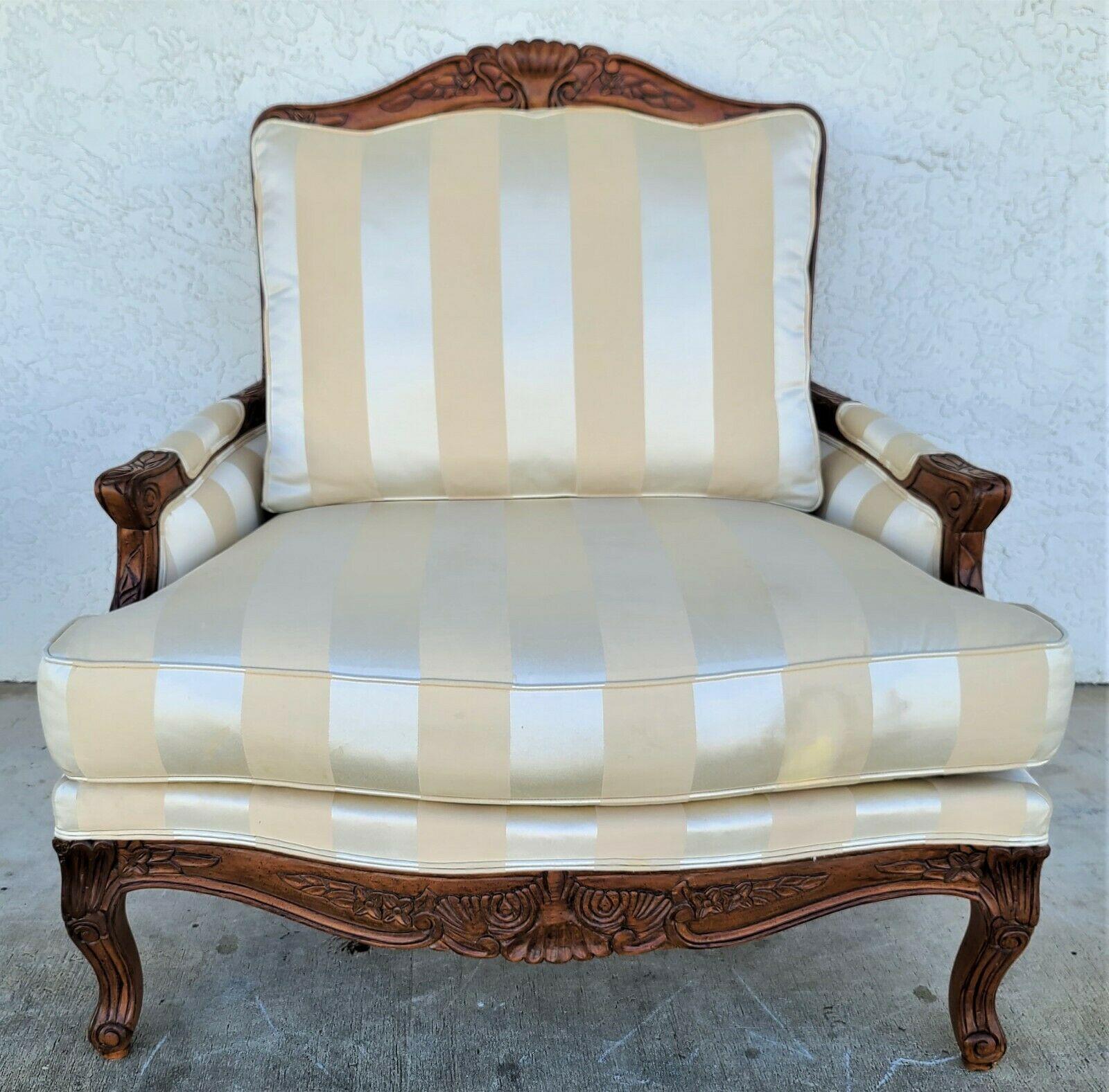 Offering One Of Our Recent Palm Beach Estate Fine Furniture Acquisitions Of A ETHAN ALLEN Oversized French Provincial Bergere lounge armchair

Approximate Measurements in Inches
42.5