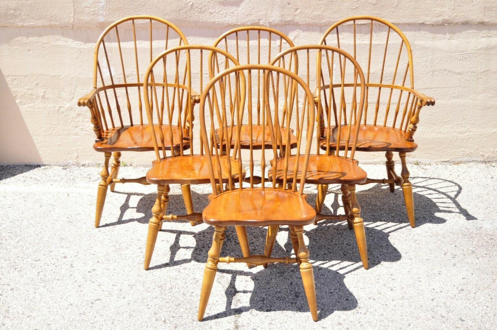 Ethan Allen pine wood colonial dining set, 6 windsor chairs, trestle dining table - 7 Pc Set. Item features (2) 15