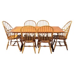 Ethan Allen Pine Colonial Dining Set 6 Windsor Chairs Trestle Table, 7 Pc Set