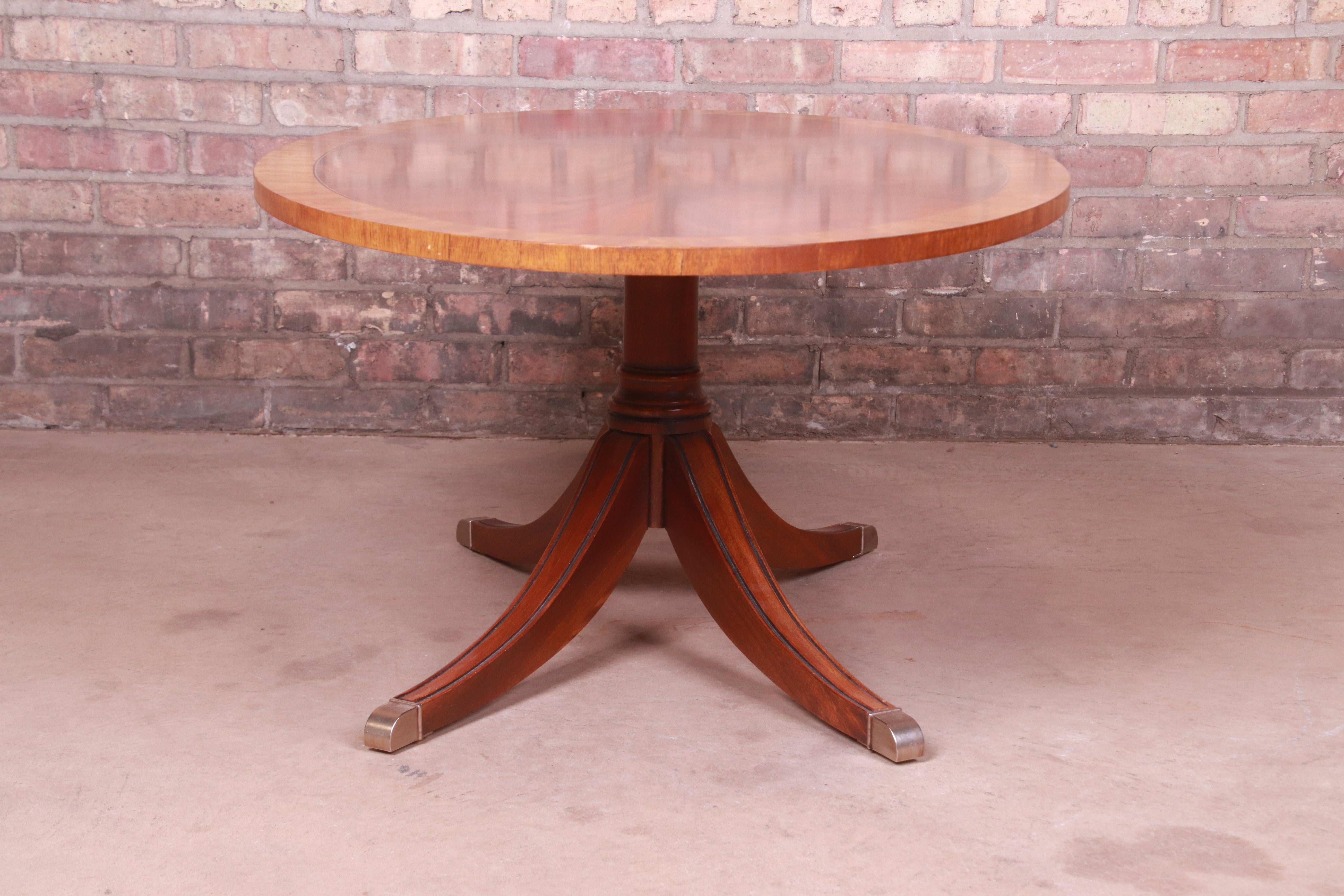 Brass Ethan Allen Regency Banded Mahogany Pedestal Coffee Table