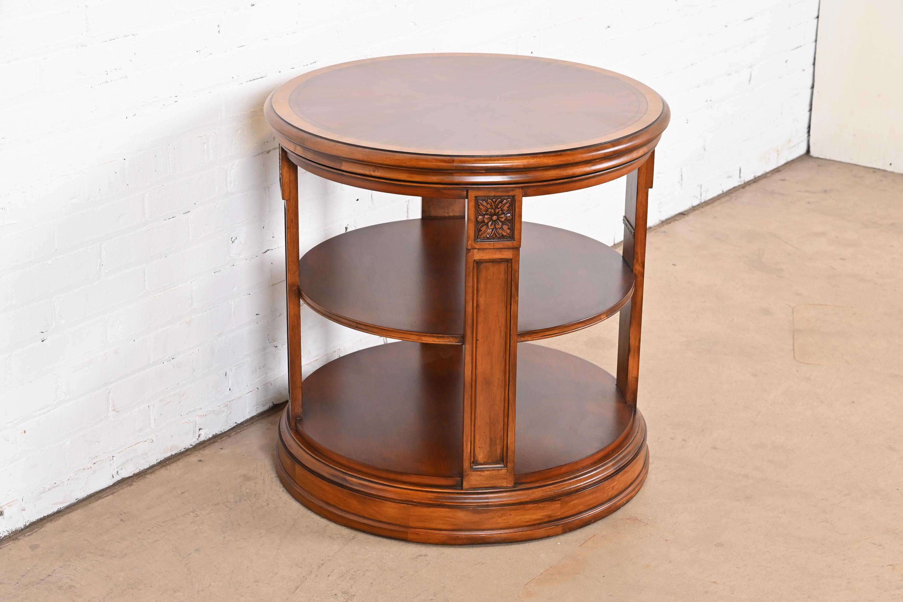American Regency Carved Banded Mahogany Three-Tier Drum Side Table For Sale