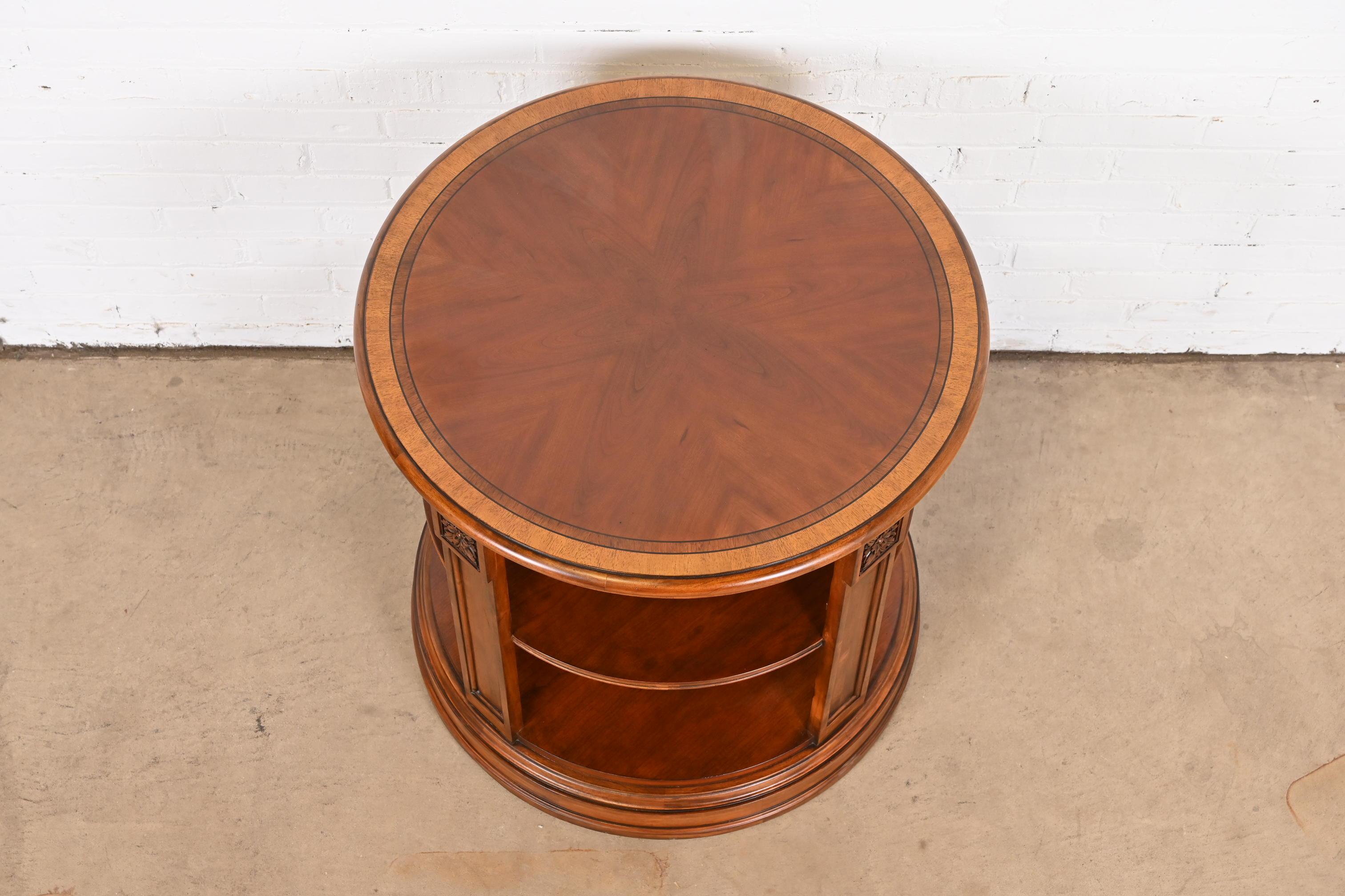 20th Century Regency Carved Banded Mahogany Three-Tier Drum Side Table For Sale