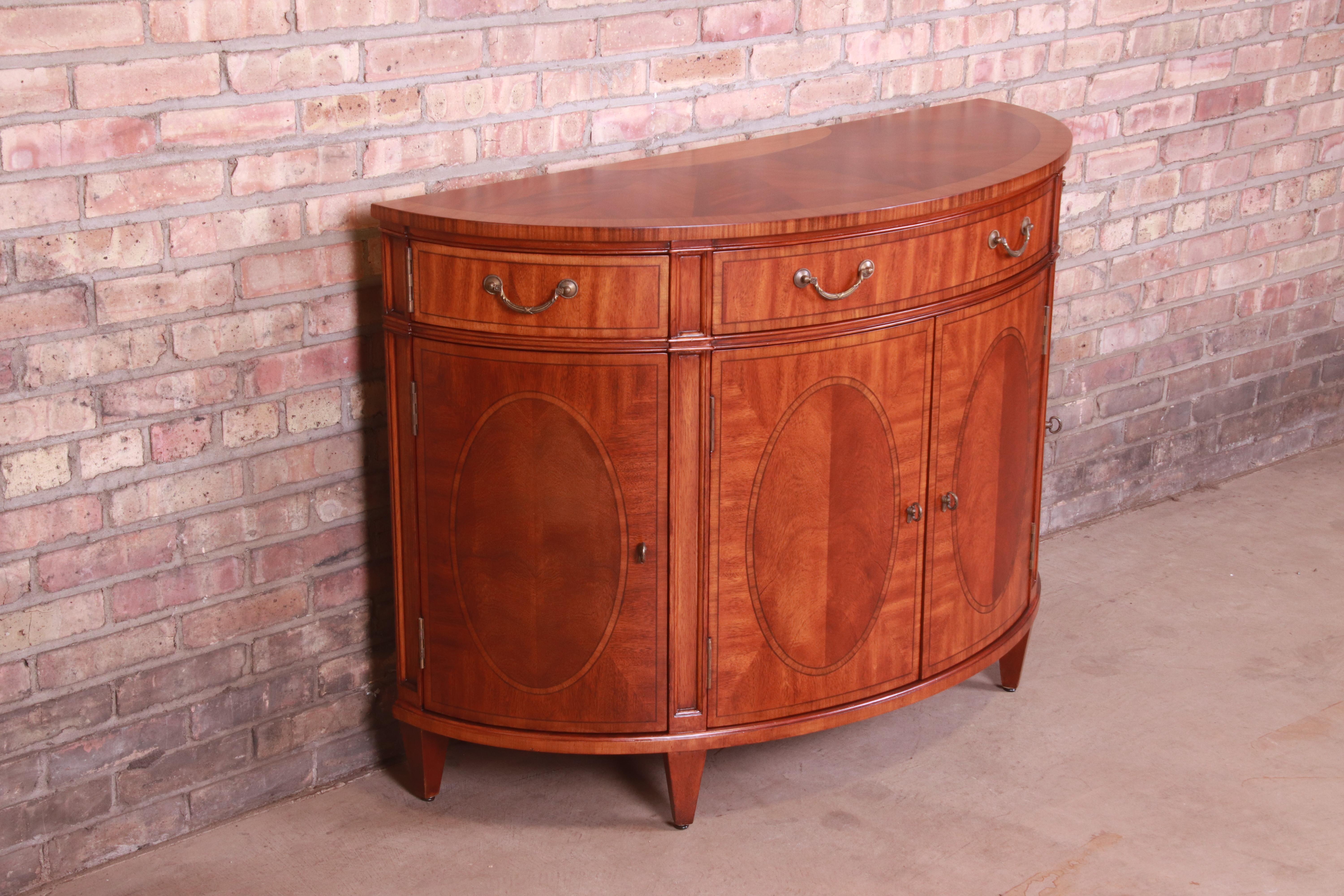 American Ethan Allen Regency Inlaid Mahogany Demilune Console or Bar Cabinet, Refinished