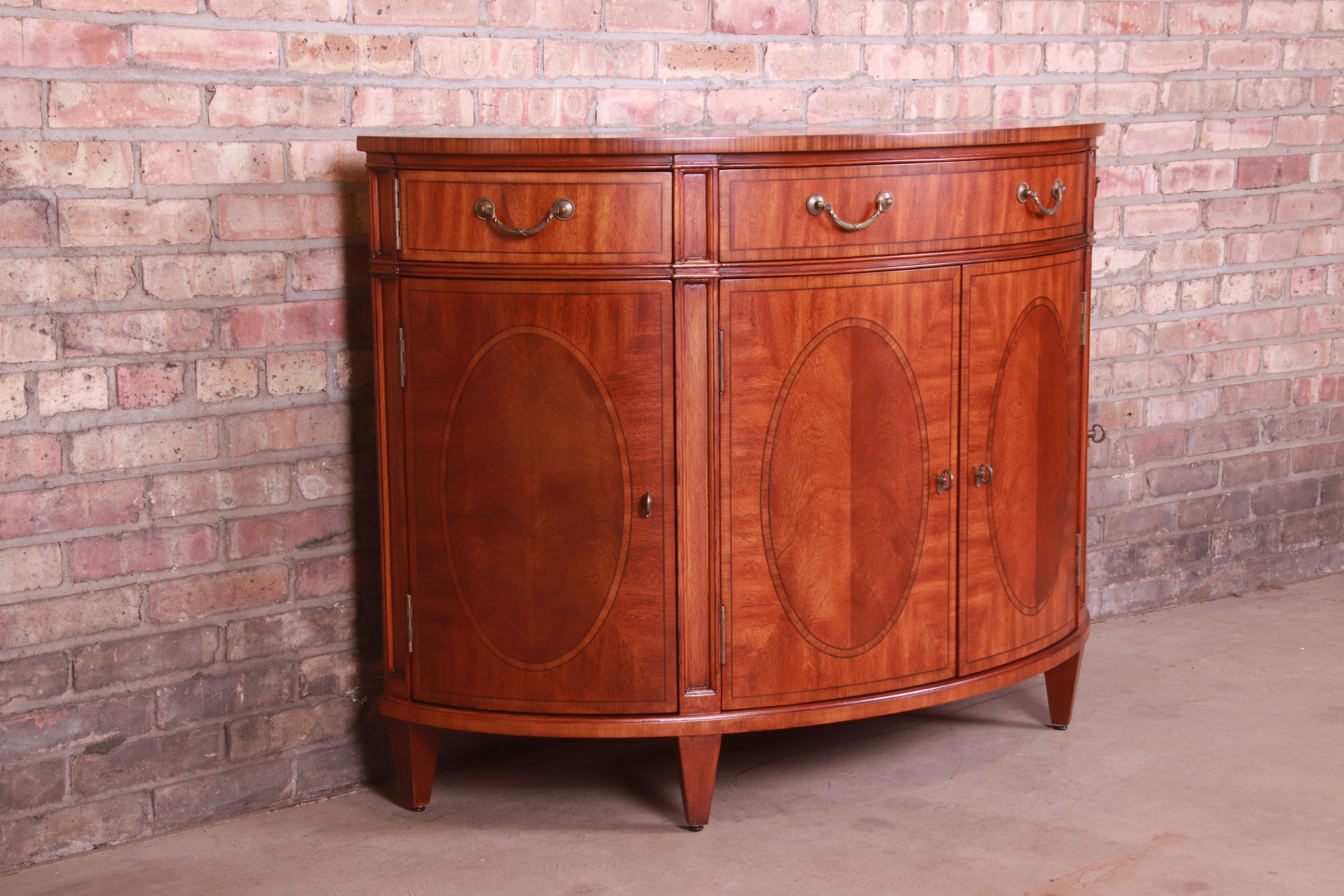 Ethan Allen Regency Inlaid Mahogany Demilune Console or Bar Cabinet, Refinished In Good Condition In South Bend, IN