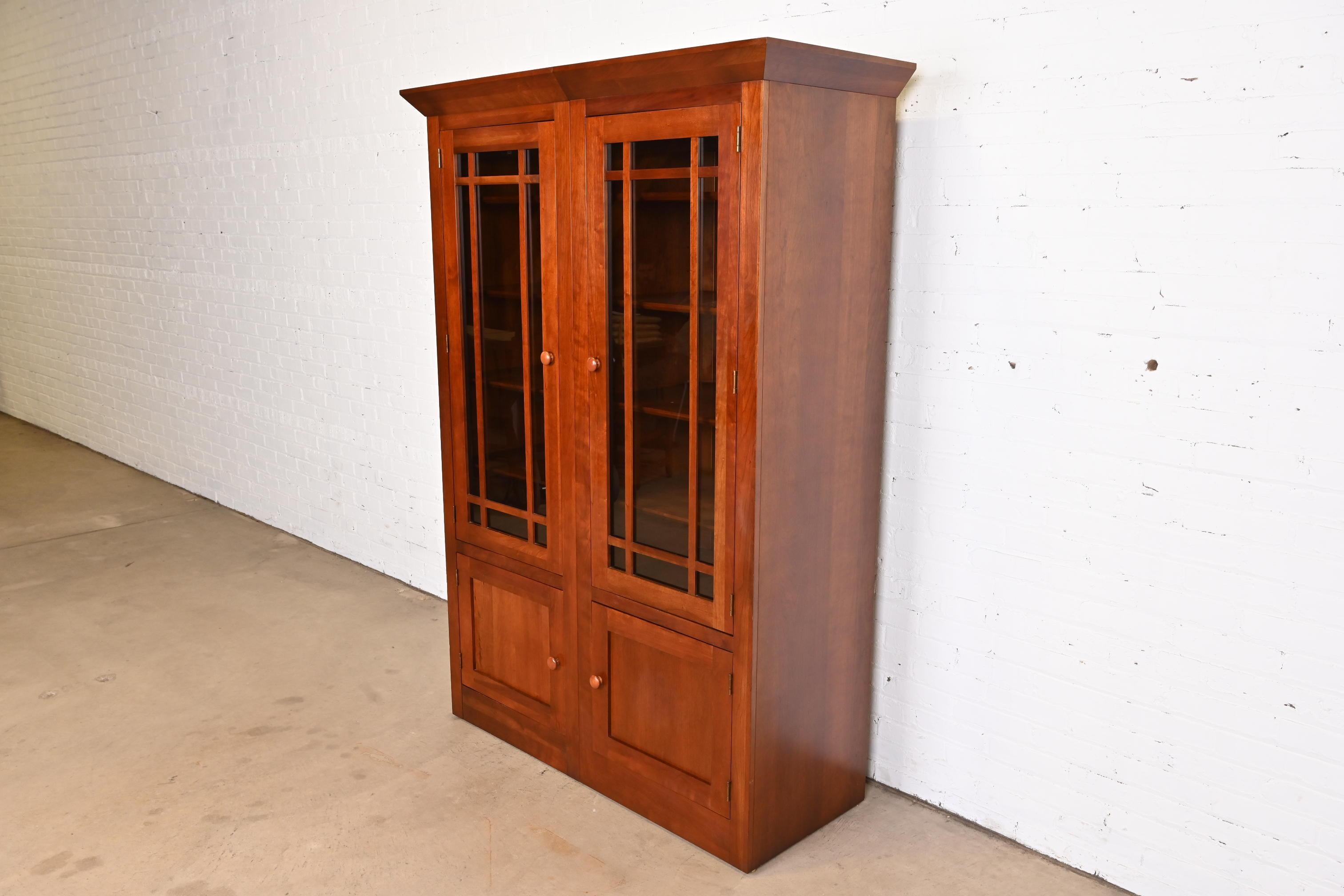 Glass Shaker Cherry Wood Bookcases or Media Cabinets, Pair For Sale