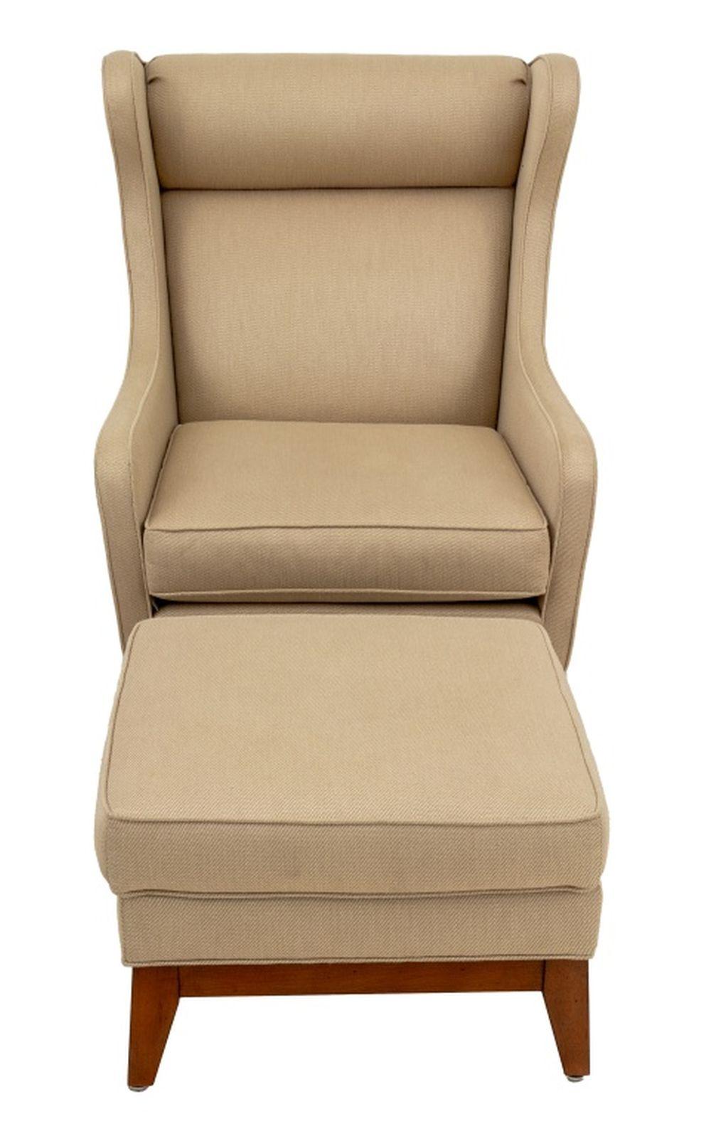 Ethan Allen Upholstered Wingback Chair and Ottoman, labels to undersides. Chair: 41
