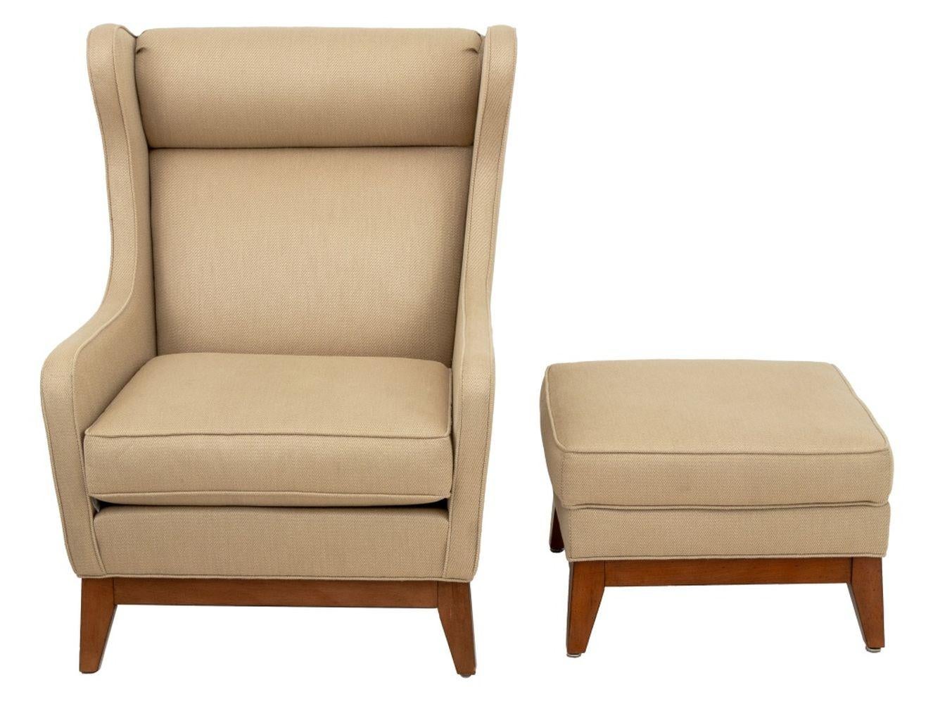American Classical Ethan Allen Upholstered Wingback Chair & Ottoman For Sale