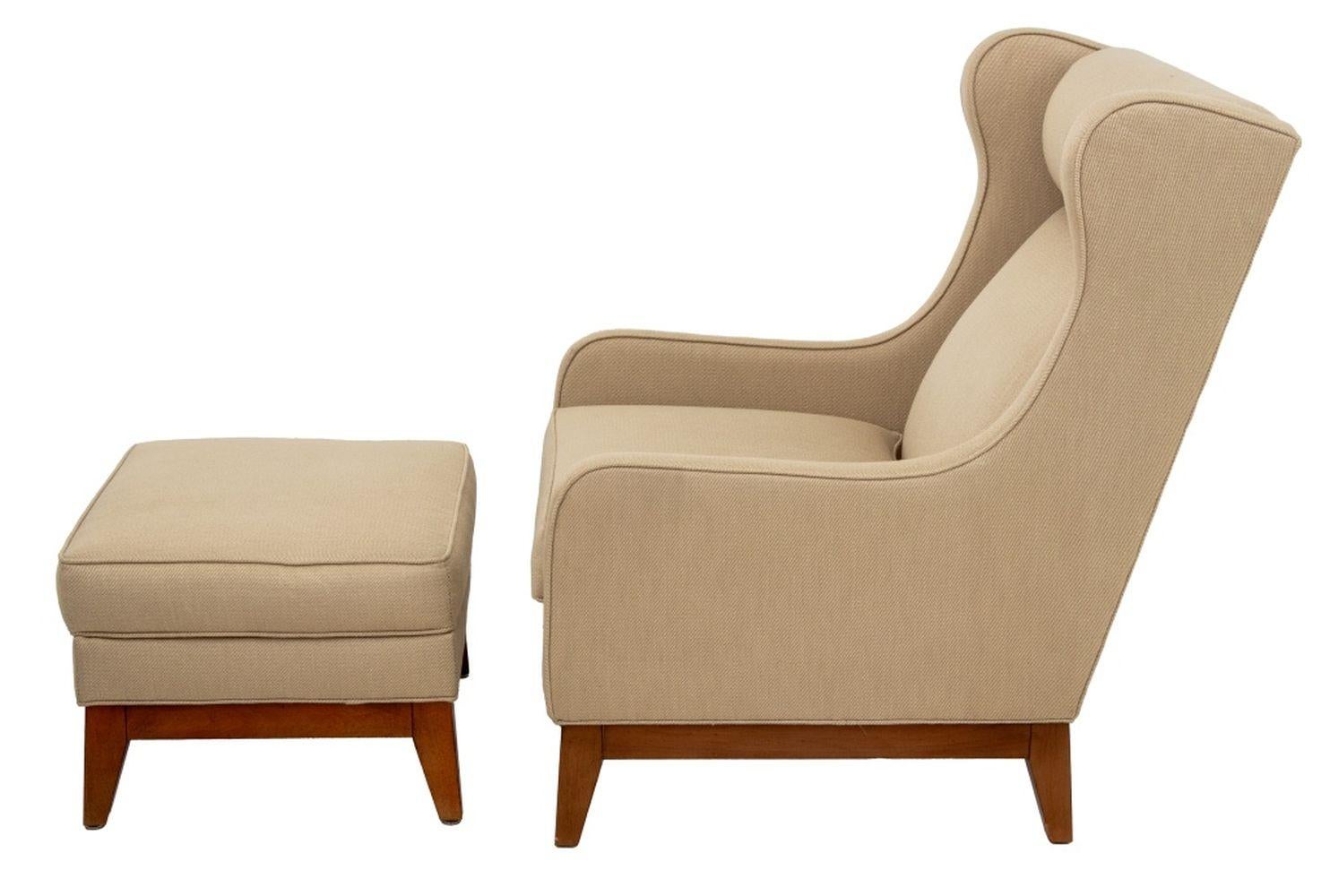 Contemporary Ethan Allen Upholstered Wingback Chair & Ottoman For Sale