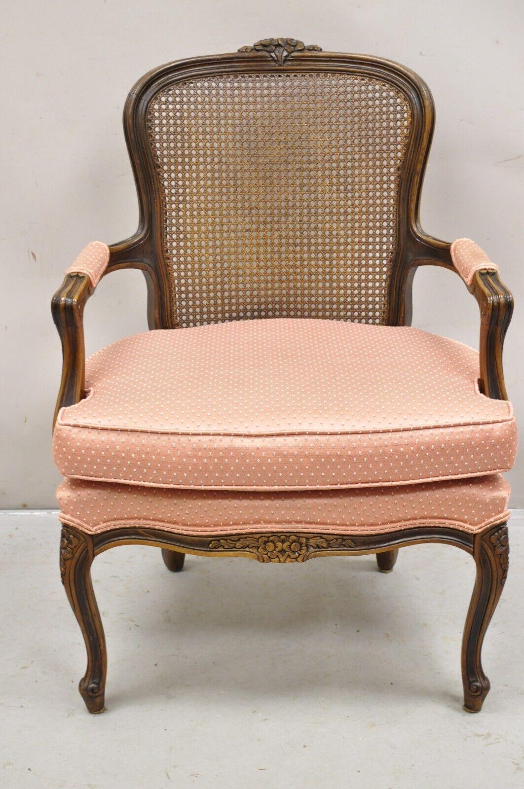 Ethan Allen Vintage French Country Louis XV Style Cane Fauteuil Lounge Chair. Circa Late 20th Century. Measurements: 37