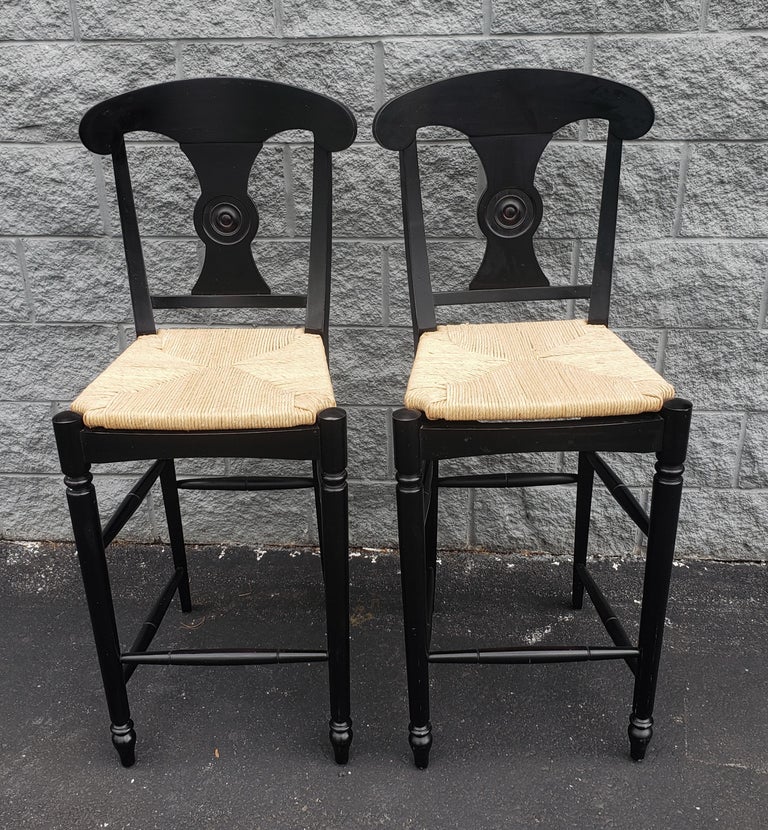 Ethan Allen Vintage French Country Rush Seat Bar Stools in Black, a