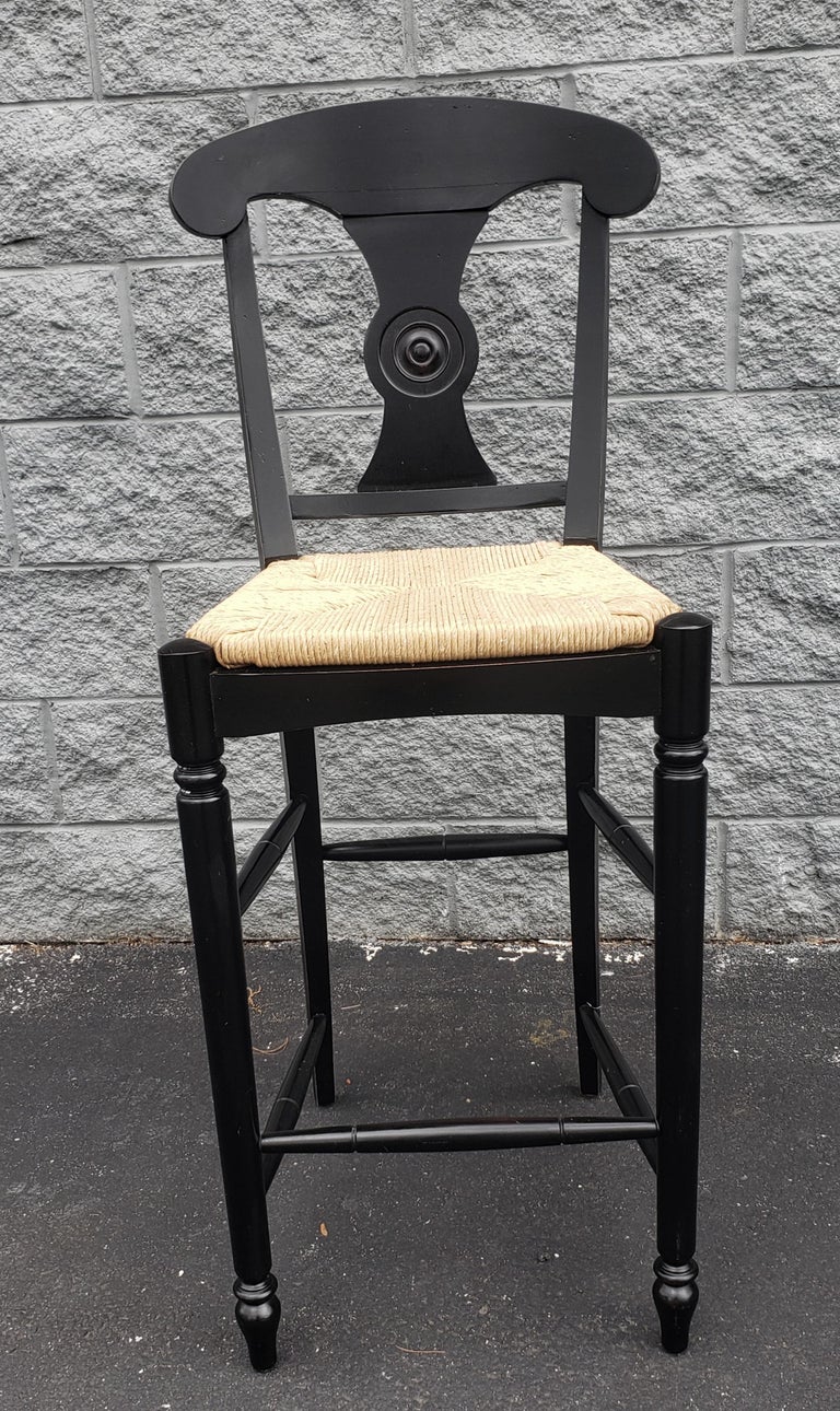 Ethan Allen Vintage French Country Rush Seat Bar Stools in Black, a