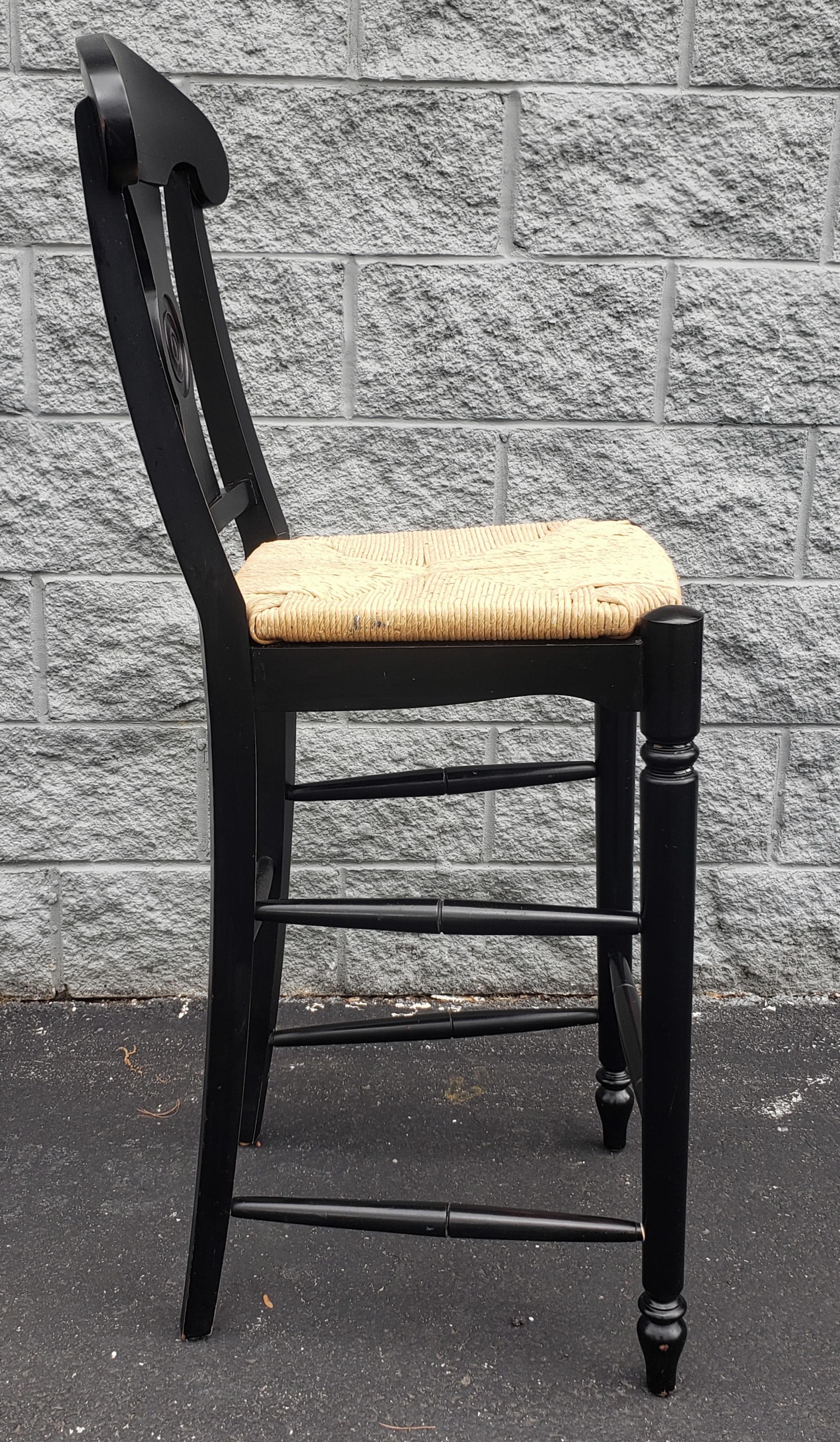 Painted Ethan Allen Vintage French Country Rush Seat Bar Stools in Black, a Pair