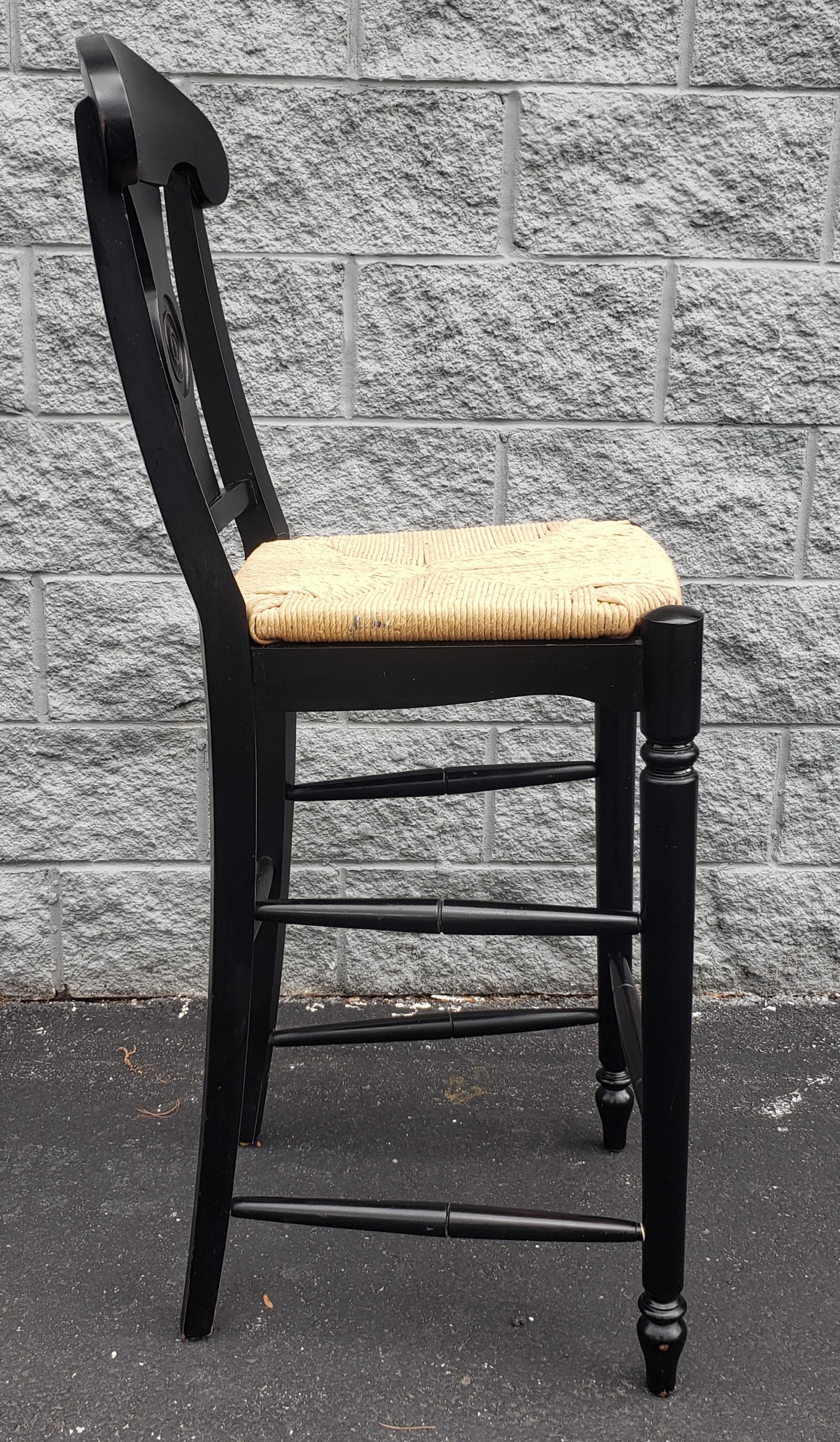 French Provincial Ethan Allen Vintage French Country Rush Seat Bar Stools in Black, a Pair