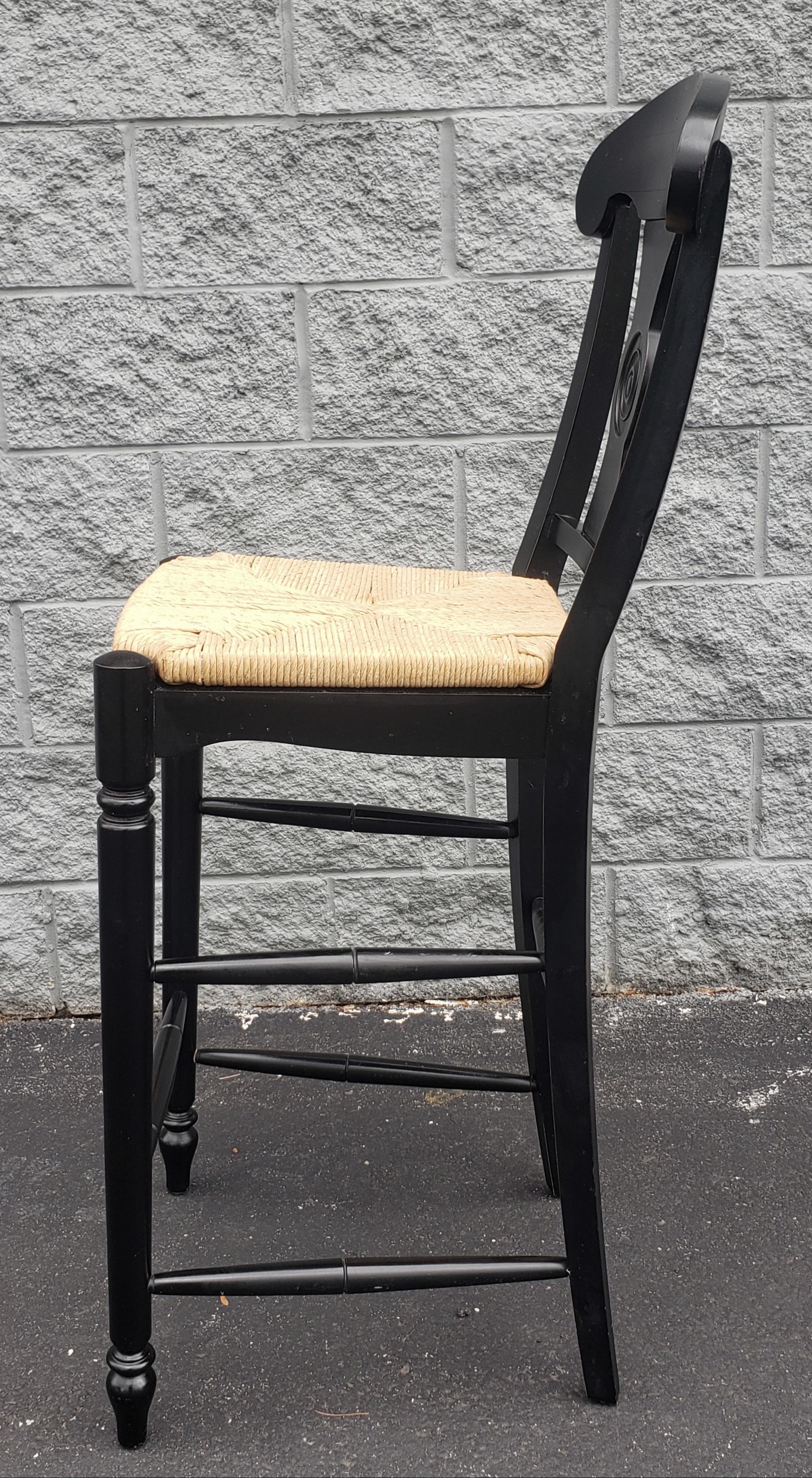 Ethan Allen Vintage French Country Rush Seat Bar Stools in Black, a Pair In Good Condition In Germantown, MD