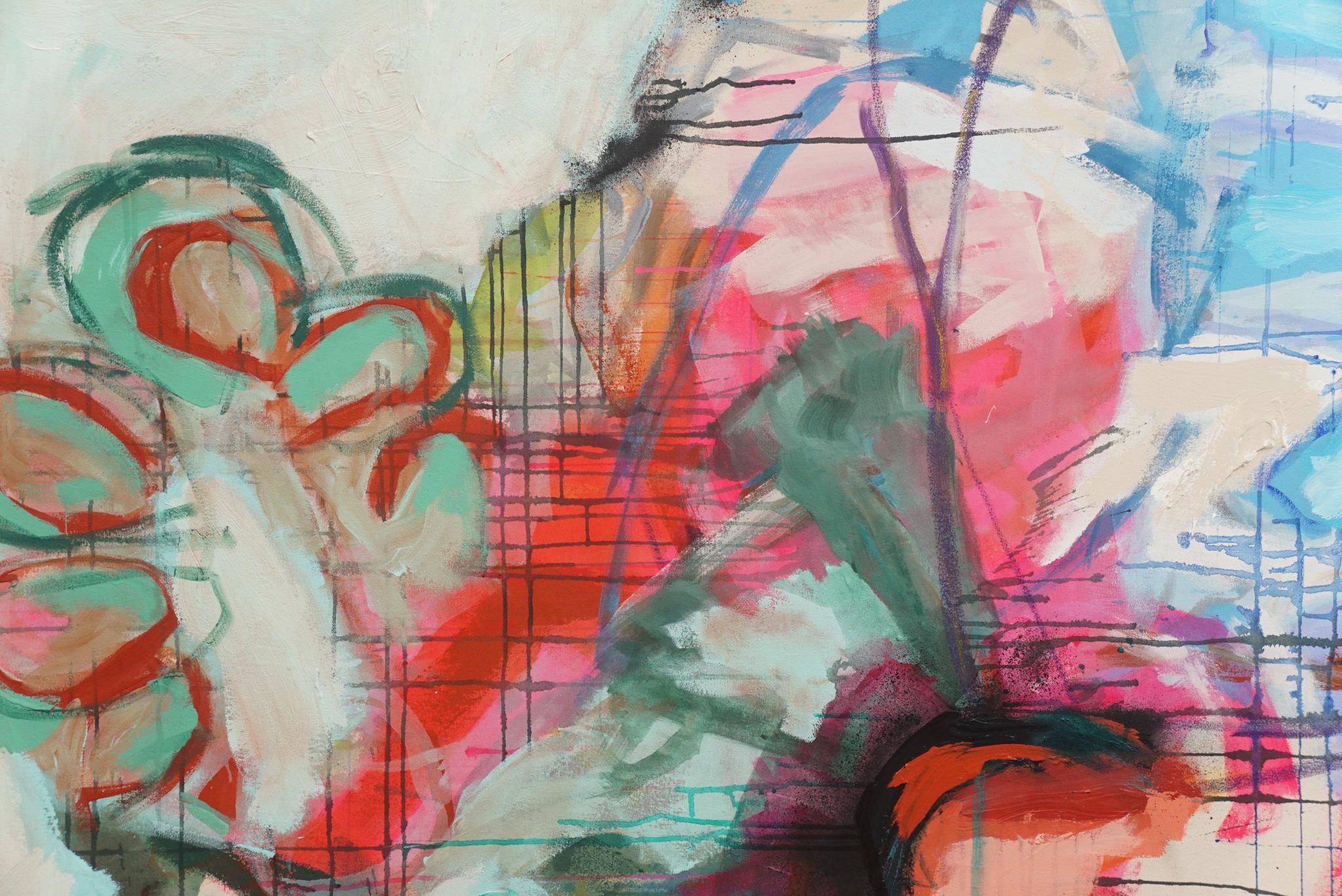 The abstract paintings of Ethan Boisvert often begin with a random sketch and find form and narrative through an overlay of direct painting, drips, homemade print making techniques and stencils. 