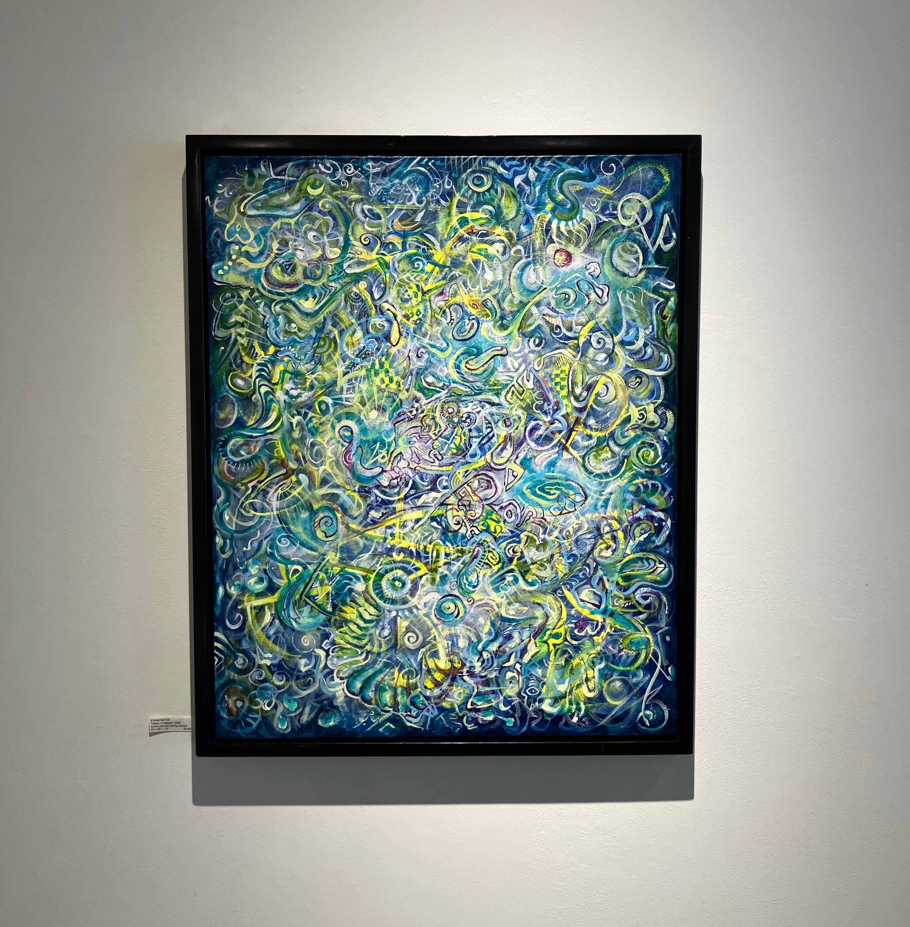 Pintura abstracta contemporánea, acrílico sobre lienzo, enmarcada, motivos psicodélicos - Painting de Ethan Meyer