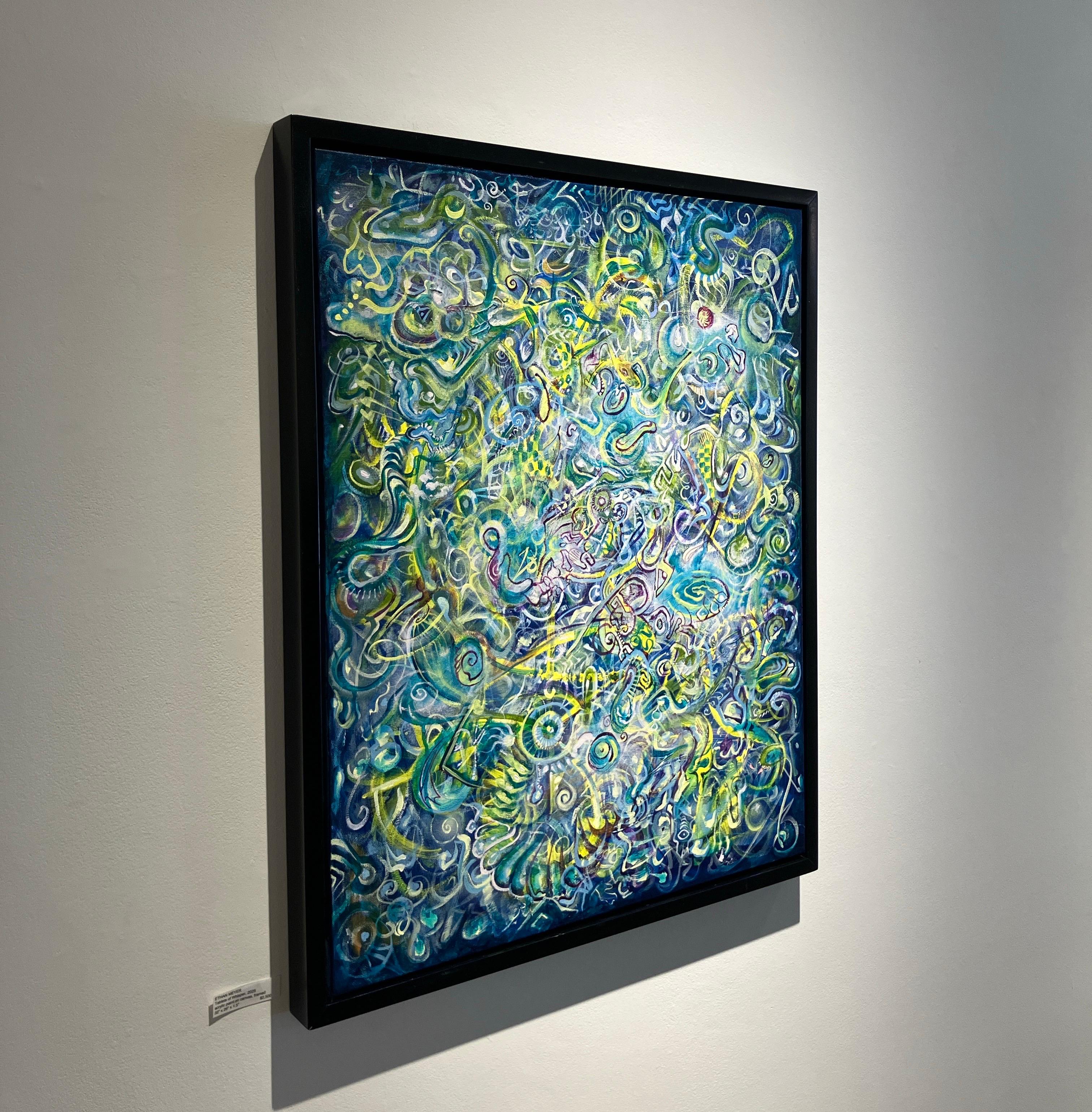 Pintura abstracta contemporánea, acrílico sobre lienzo, enmarcada, motivos psicodélicos - Painting Contemporáneo de Ethan Meyer