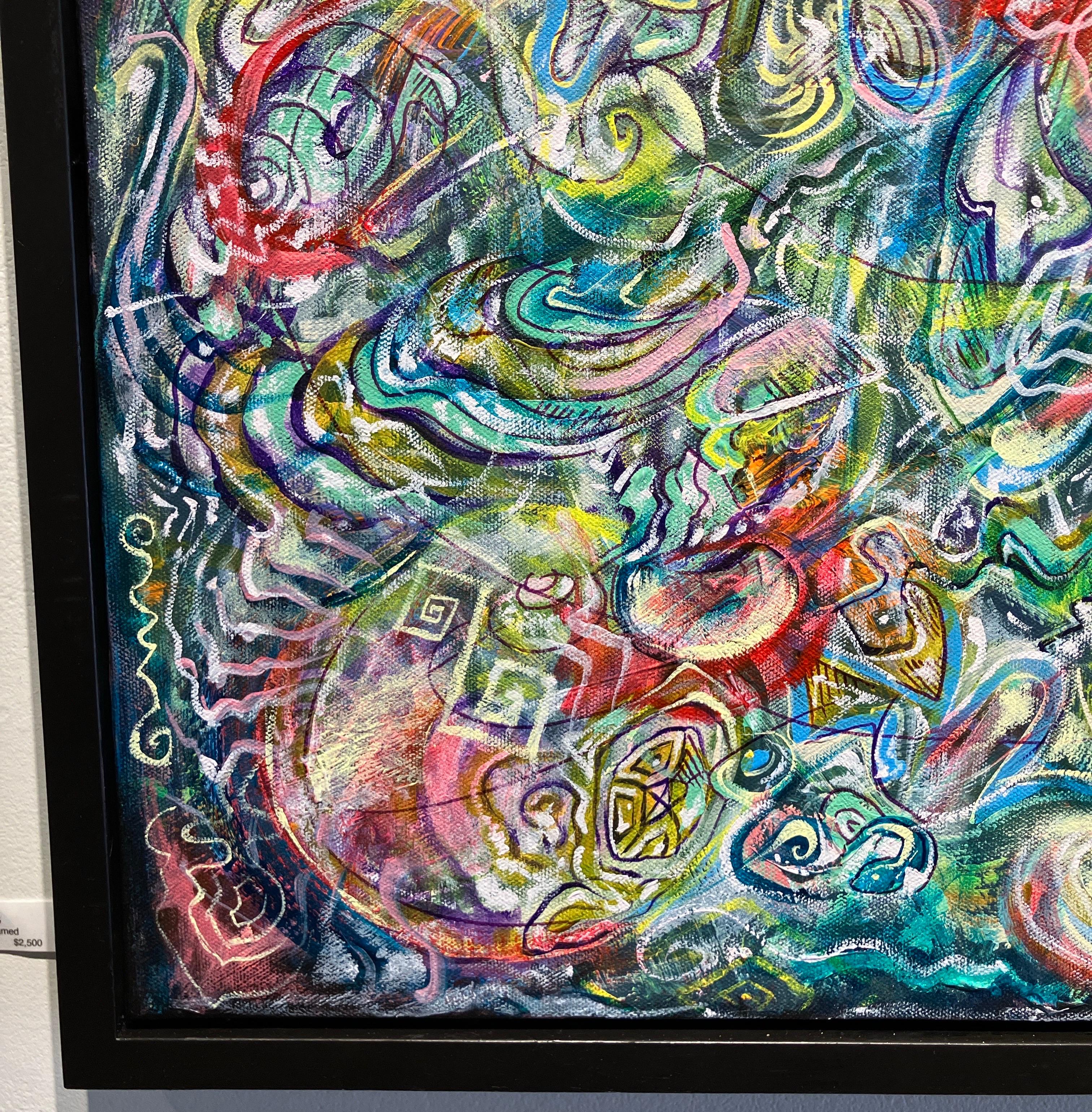 Contemporary Abstract Painting, Acrylic on Canvas, Framed, Psychedelic Patterns For Sale 2