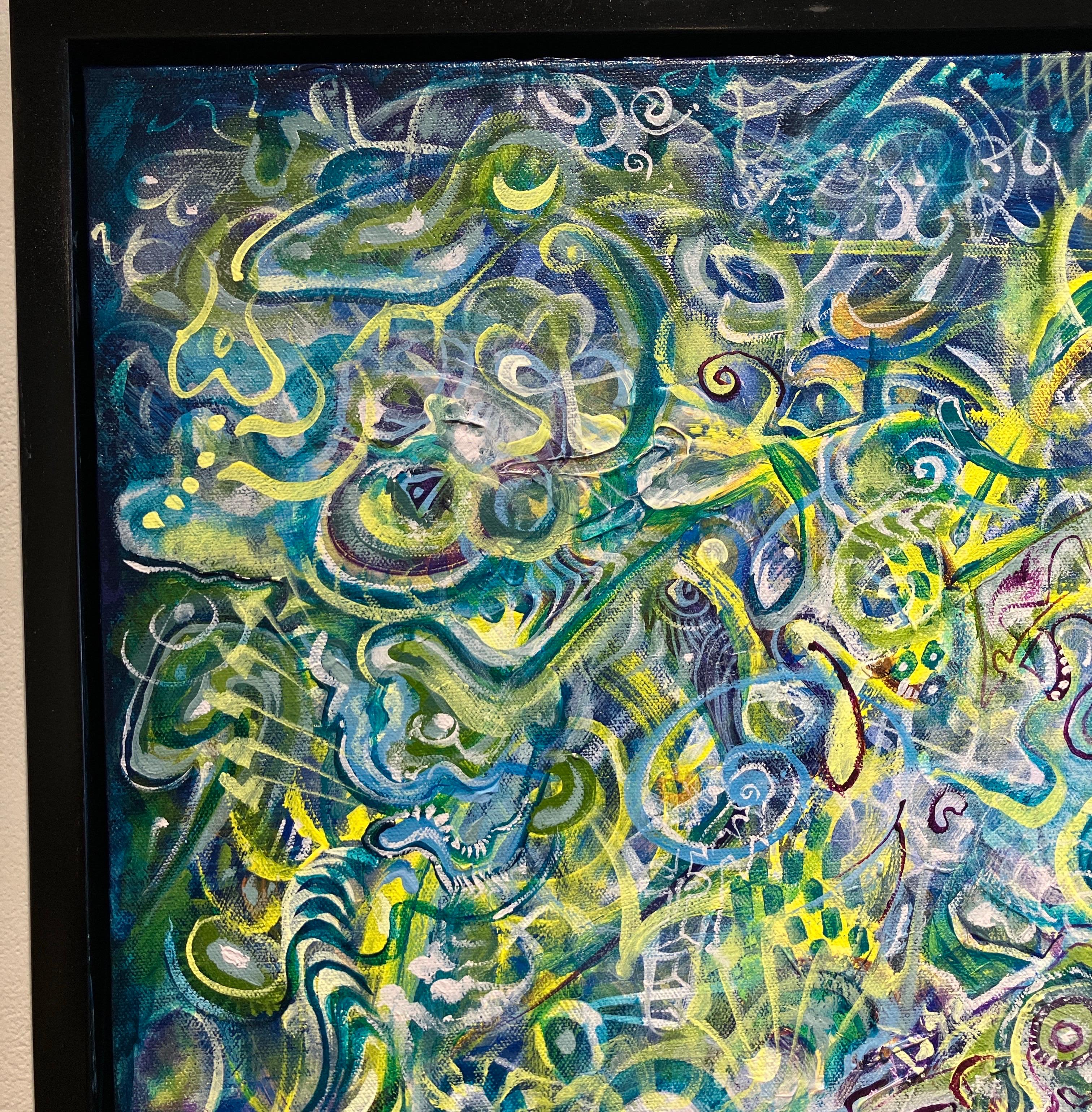 Pintura abstracta contemporánea, acrílico sobre lienzo, enmarcada, motivos psicodélicos - Abstract Painting Negro de Ethan Meyer