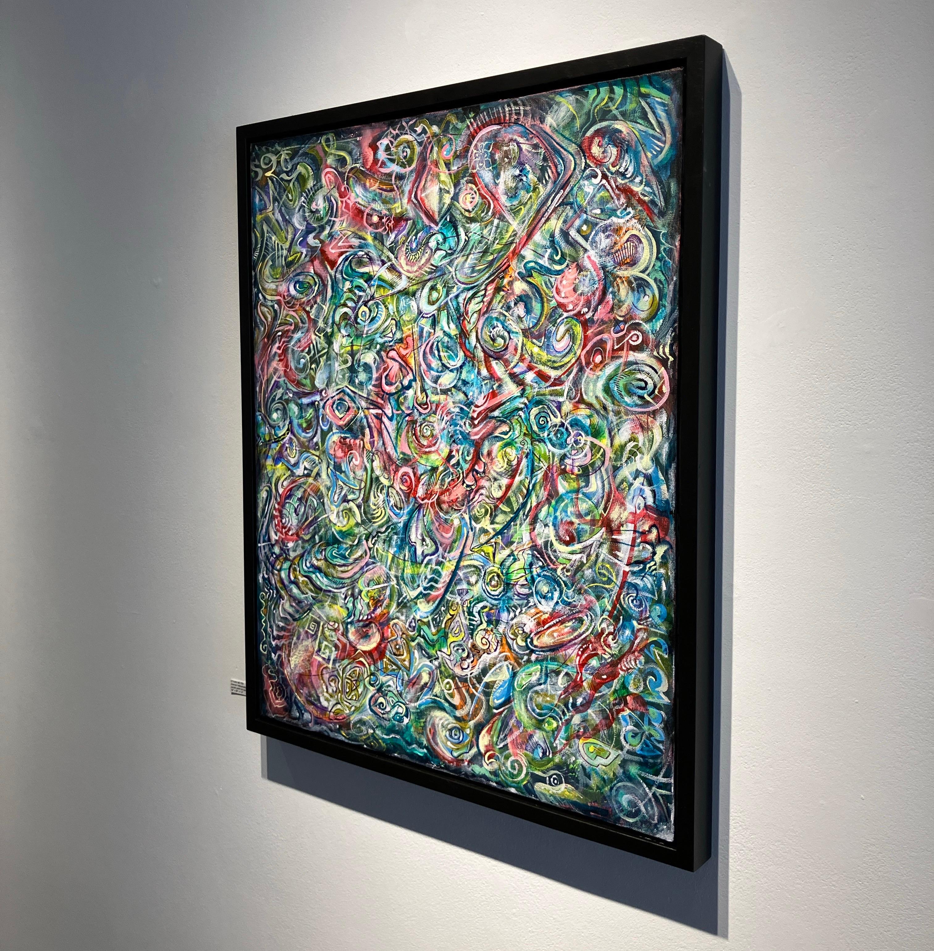 Contemporary Abstract Painting, Acrylic on Canvas, Framed, Psychedelic Patterns For Sale 3