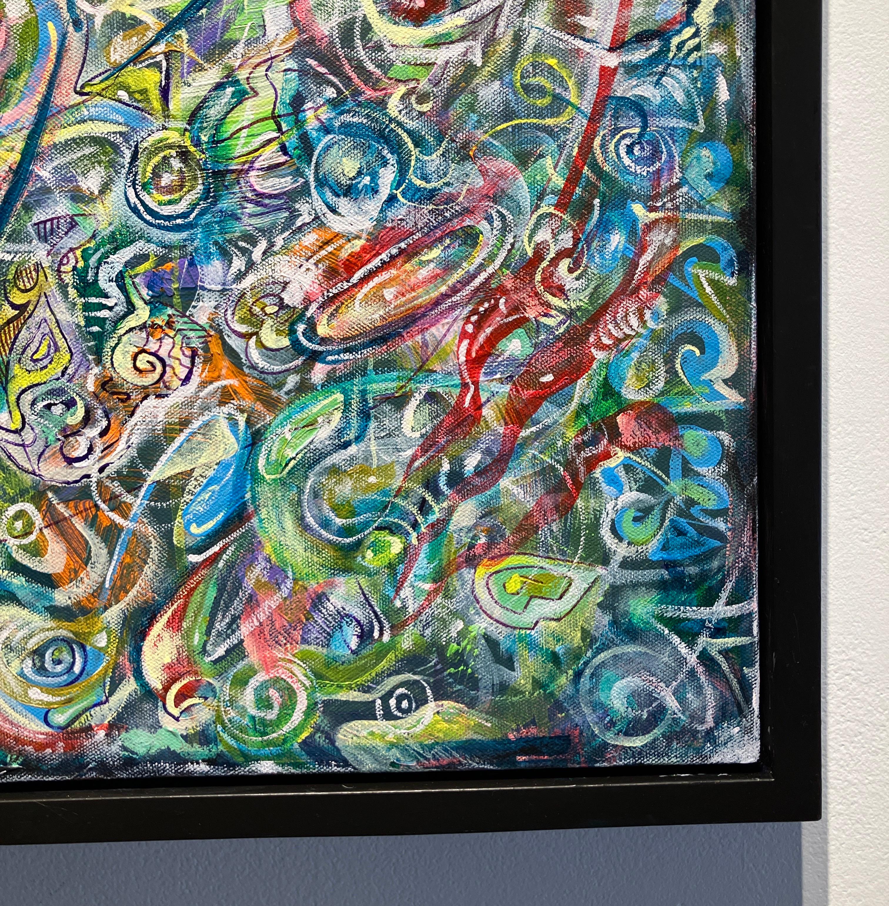 Contemporary Abstract Painting, Acrylic on Canvas, Framed, Psychedelic Patterns For Sale 4