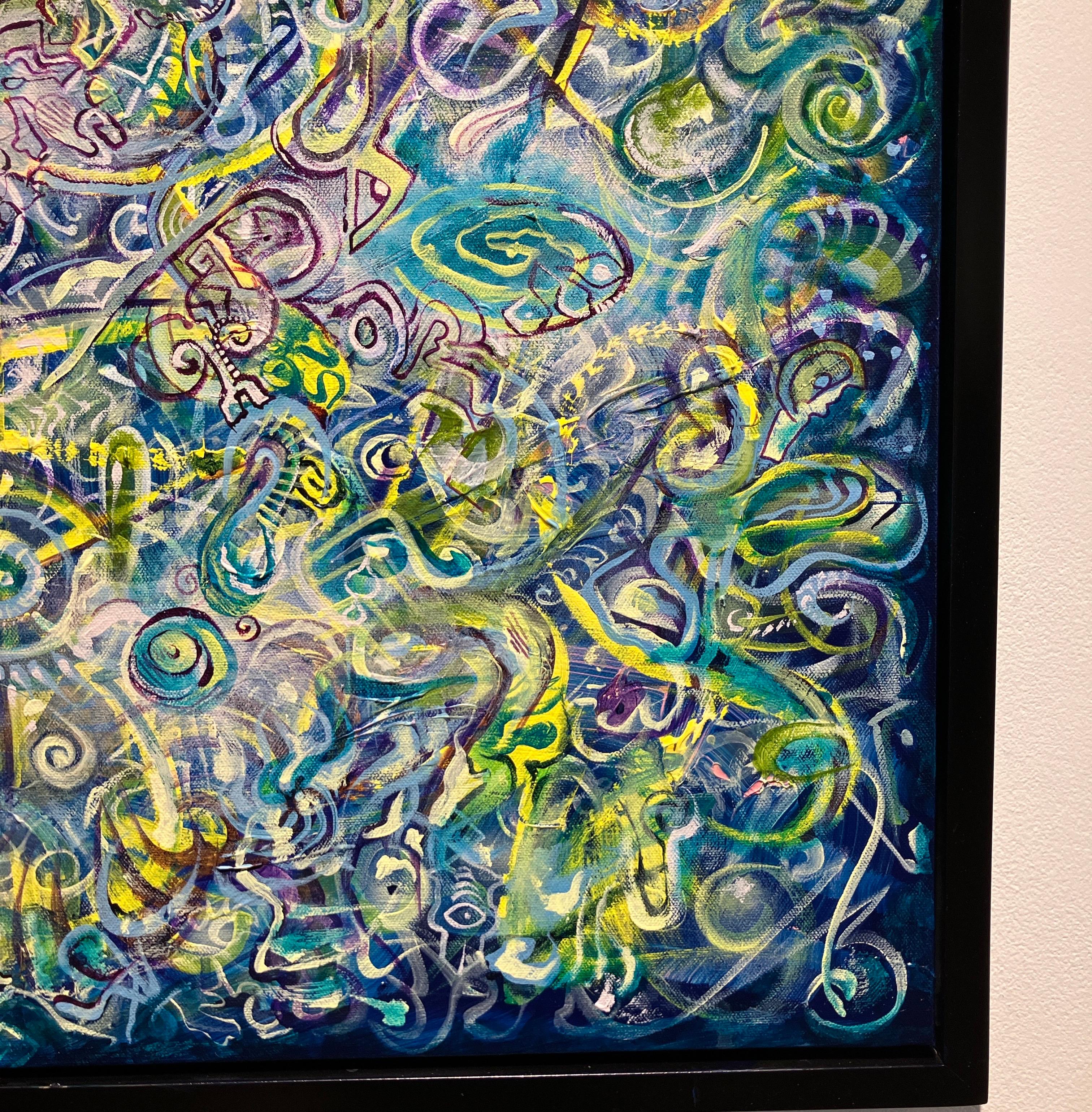 Pintura abstracta contemporánea, acrílico sobre lienzo, enmarcada, motivos psicodélicos en venta 1