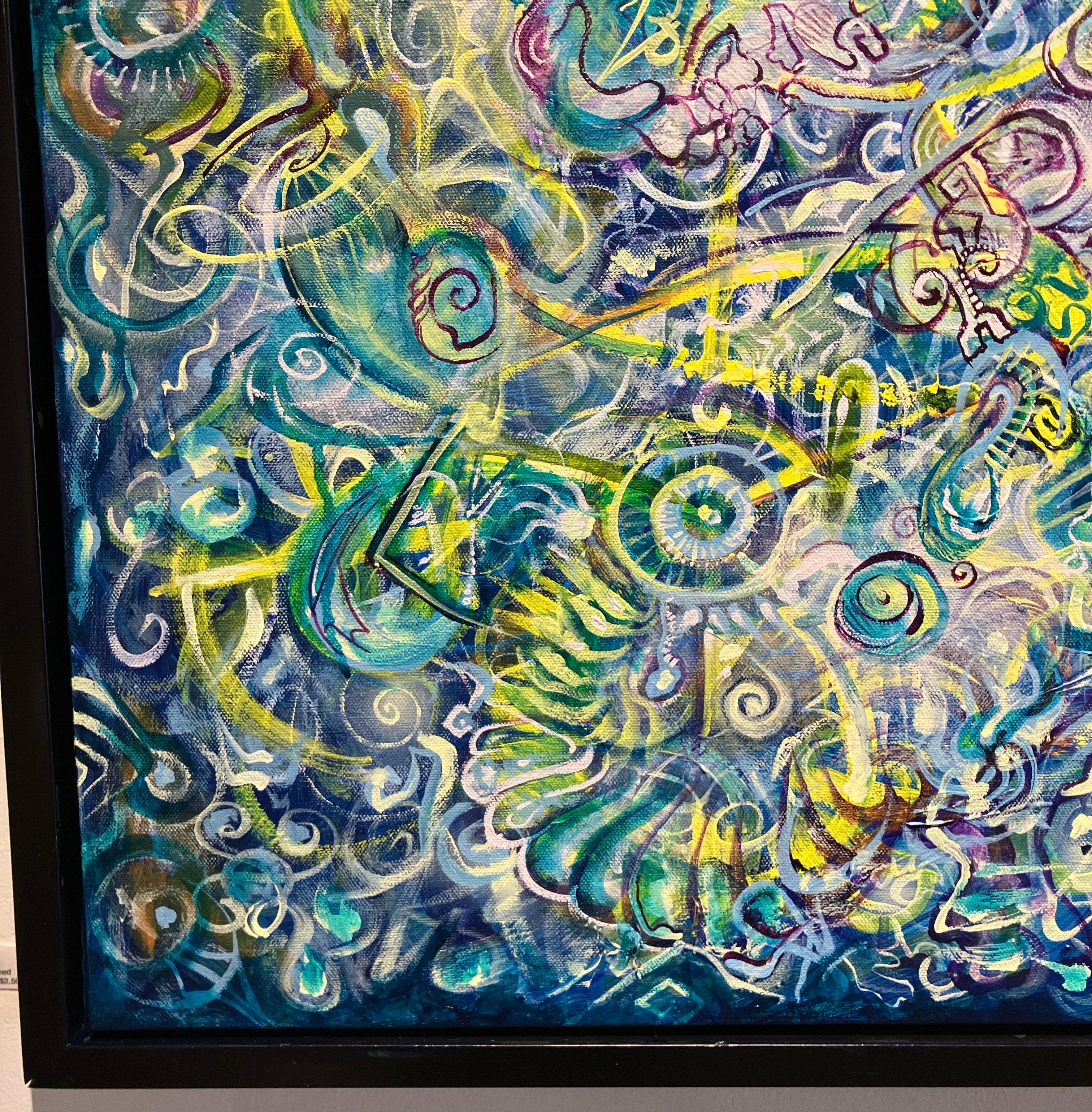 Pintura abstracta contemporánea, acrílico sobre lienzo, enmarcada, motivos psicodélicos en venta 2