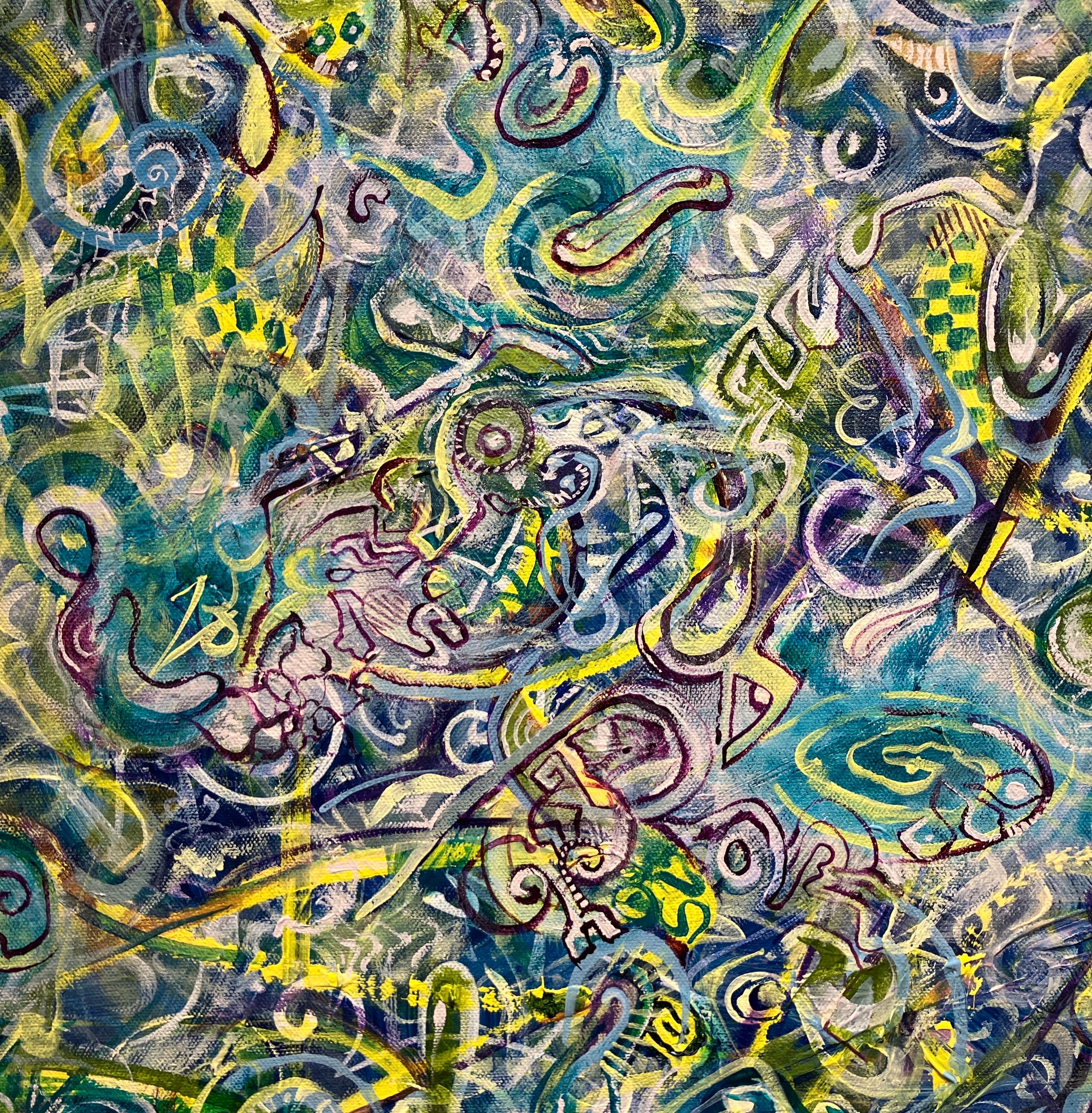 Pintura abstracta contemporánea, acrílico sobre lienzo, enmarcada, motivos psicodélicos en venta 3