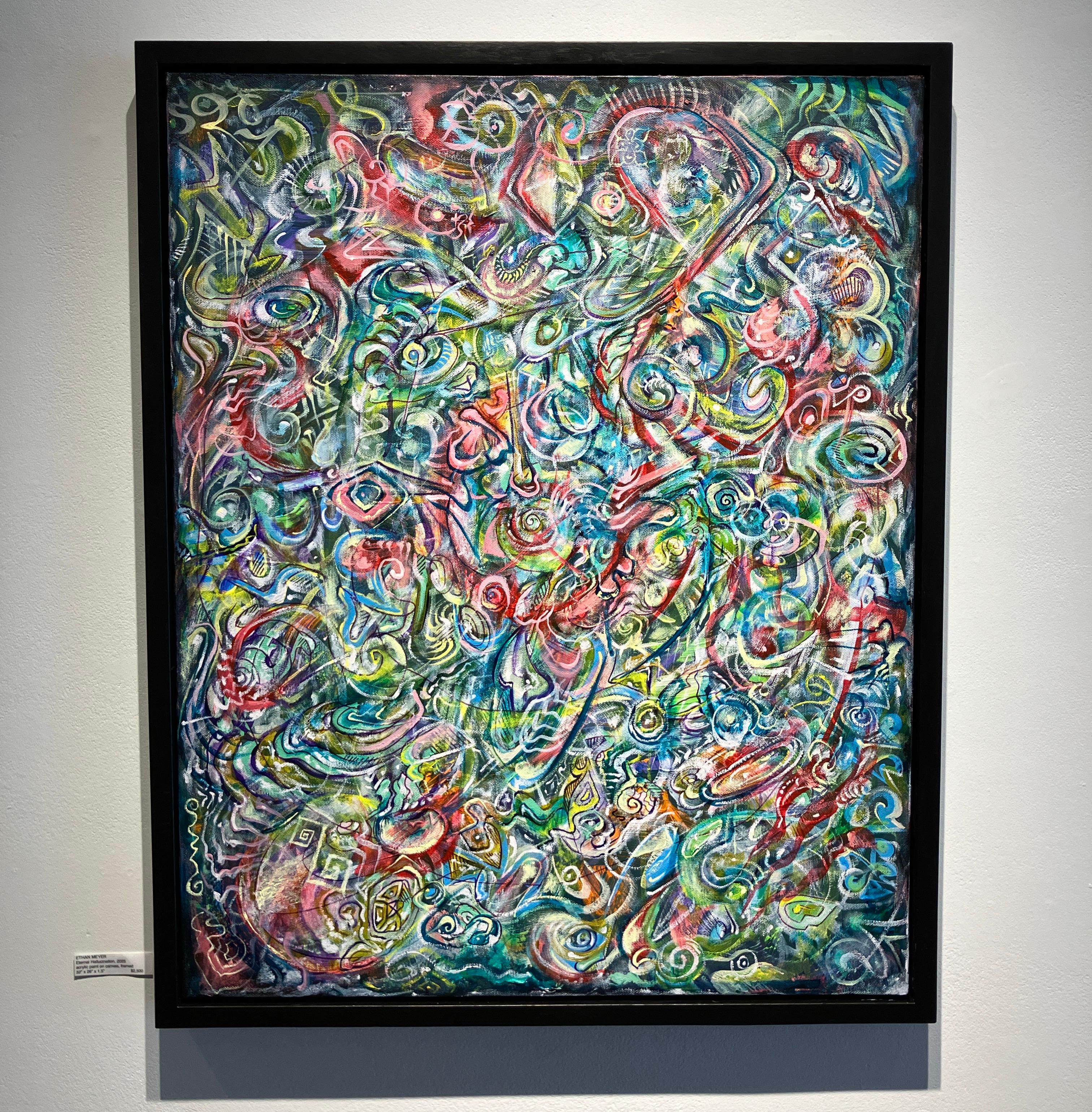 Contemporary Abstract Painting, Acrylic on Canvas, Framed, Psychedelic Patterns