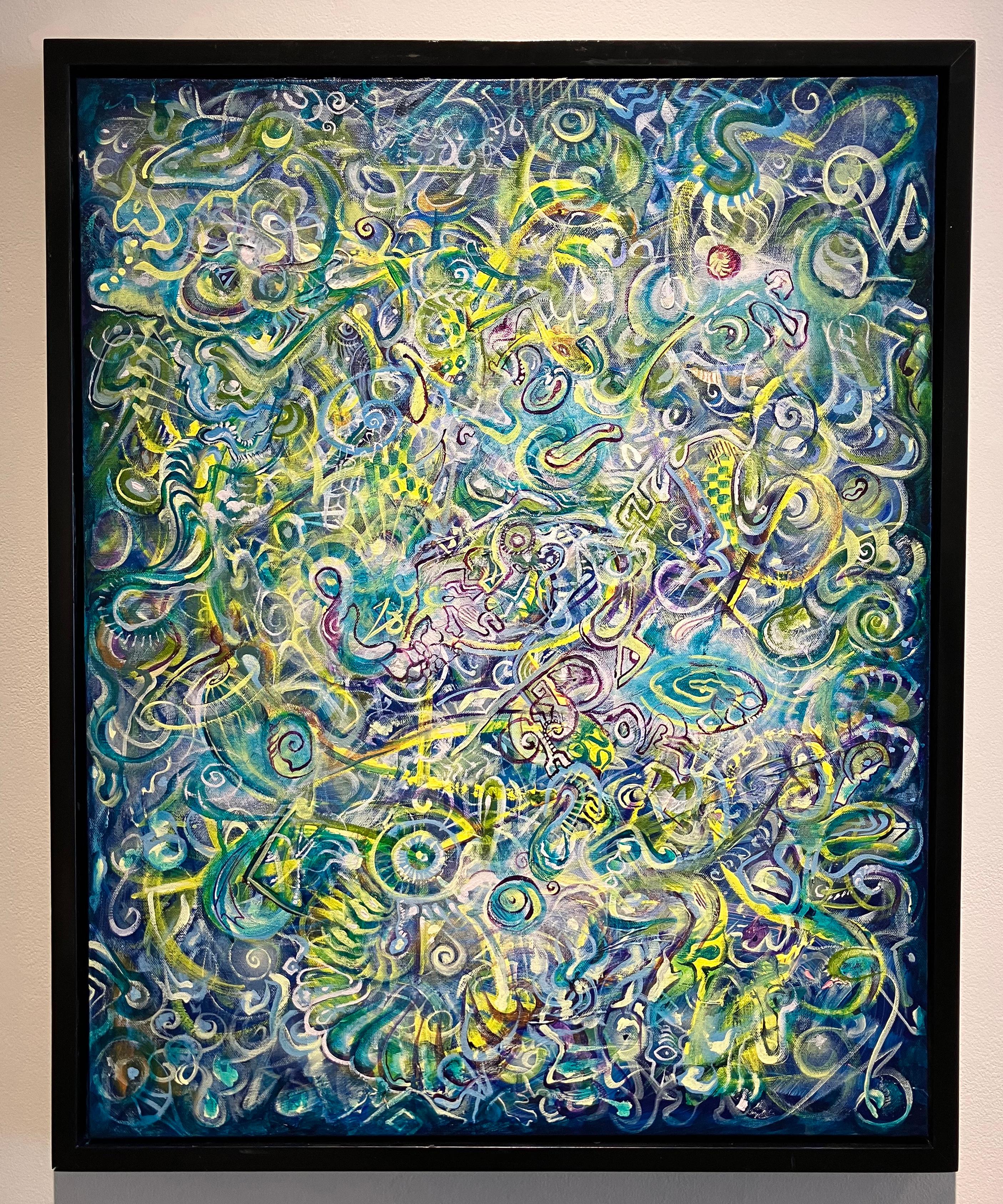 Contemporary Abstract Painting, Acrylic on Canvas, Framed, Psychedelic Patterns