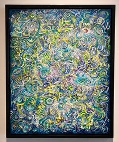 Pittura astratta contemporanea, acrilico su tela, con cornice, motivi psichedelici