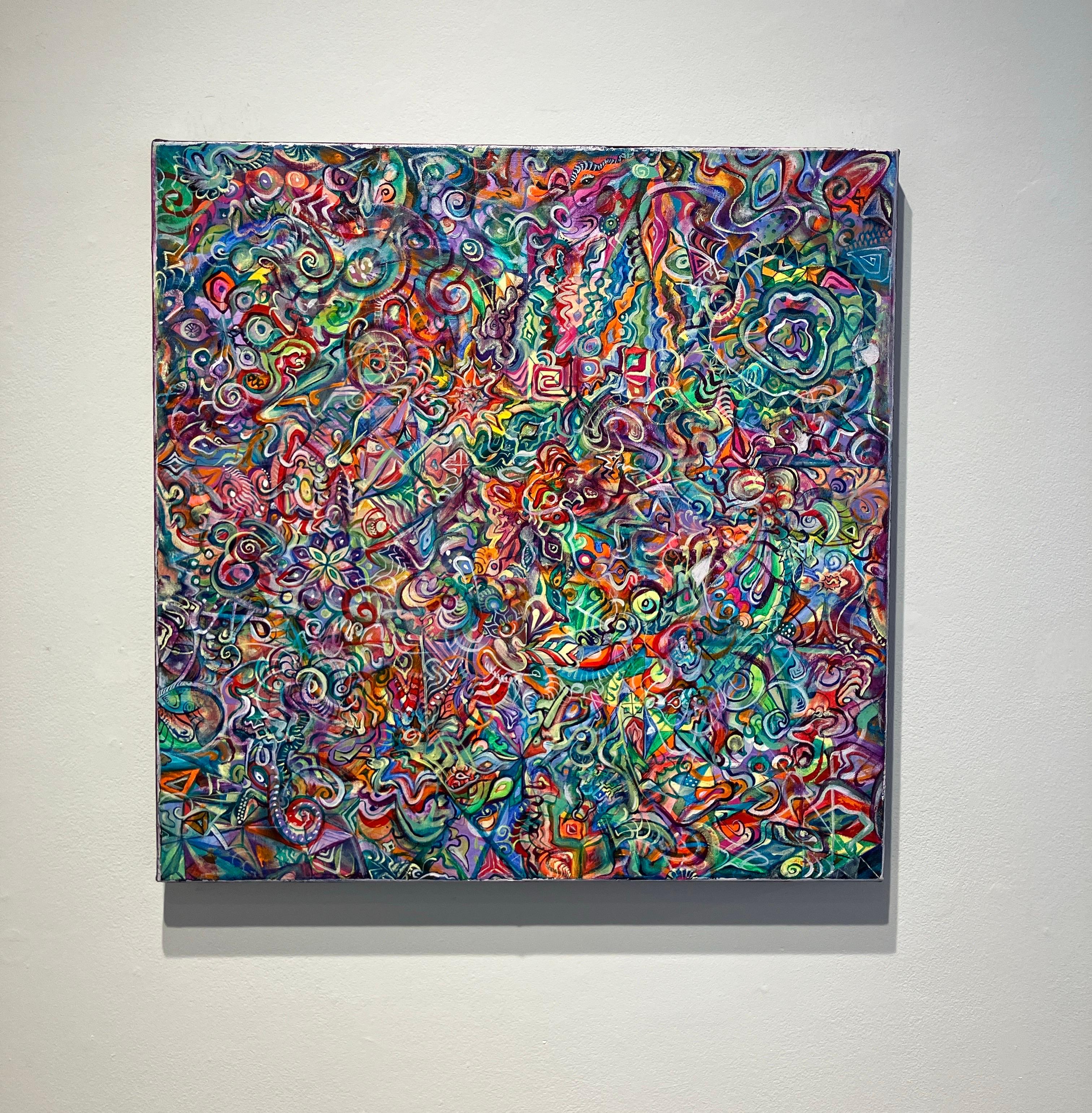 Peinture abstraite contemporaine à l'acrylique sur toile, motifs psychédéliques, colorés - Painting de Ethan Meyer